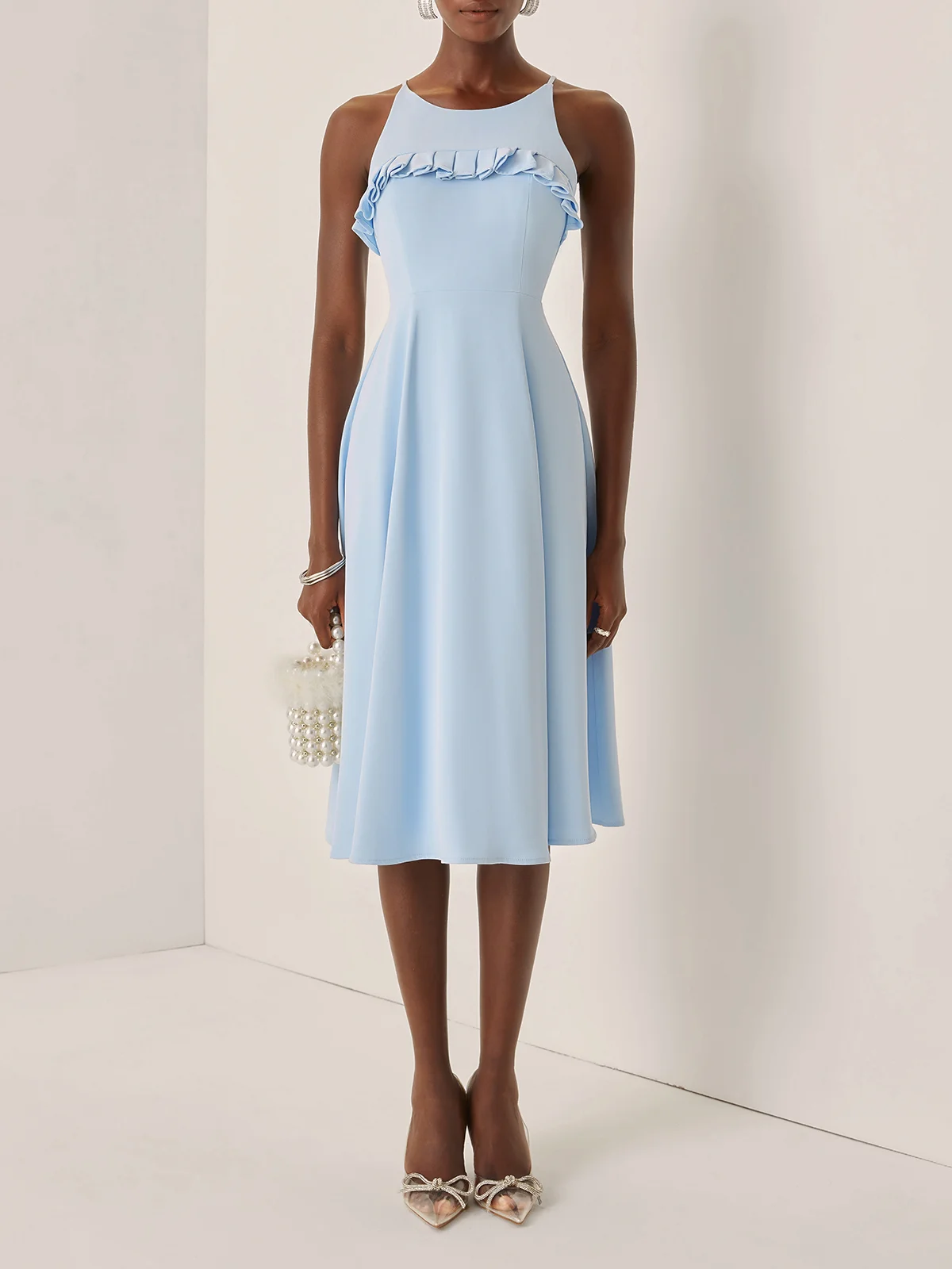 Light Blue Peplum Classic Spaghetti Sleeveless A-Line Midi Dress