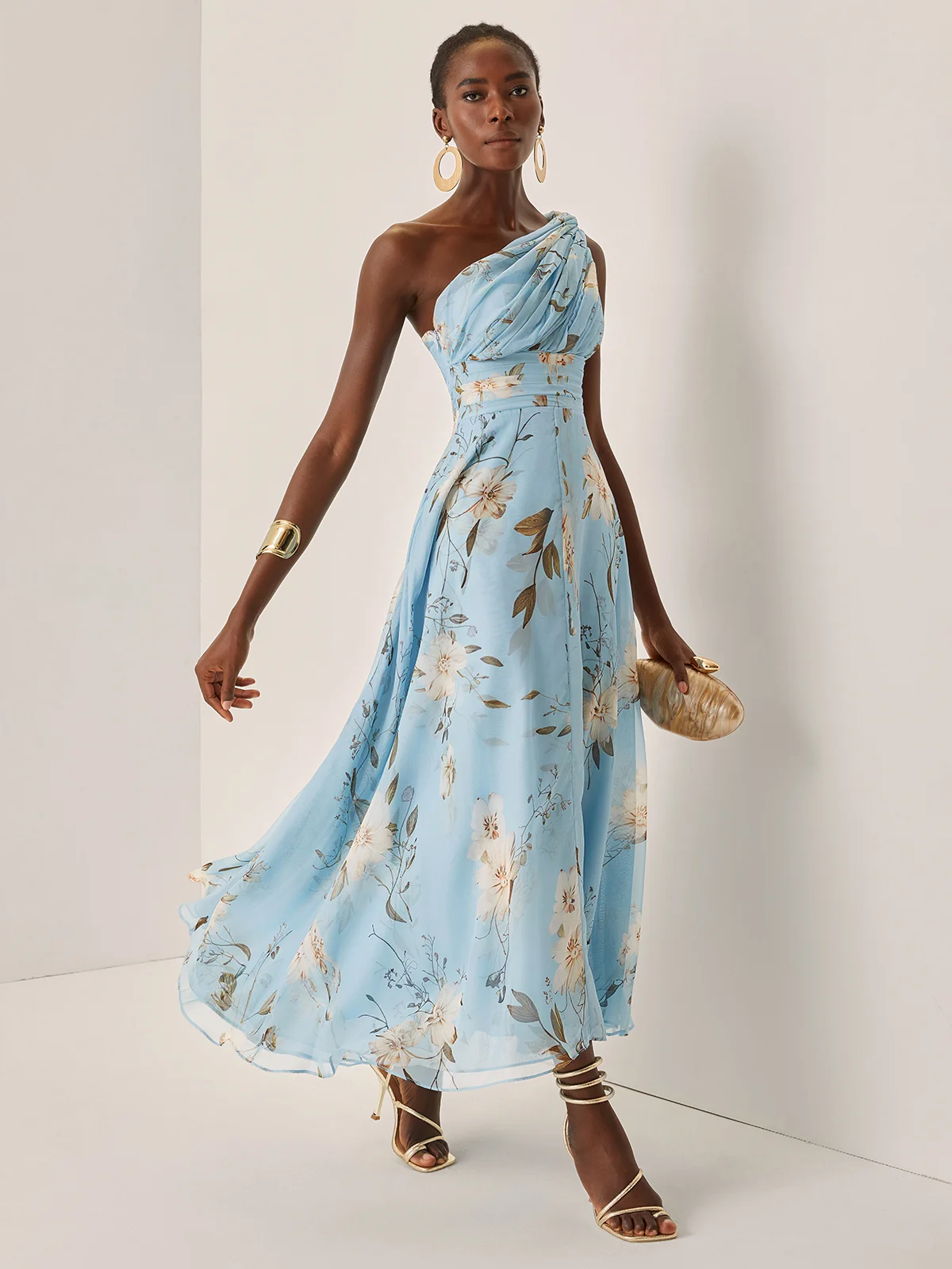 Light Blue Floral Ruched Chiffon One Shoulder Sleeveless A-Line Maxi Dress