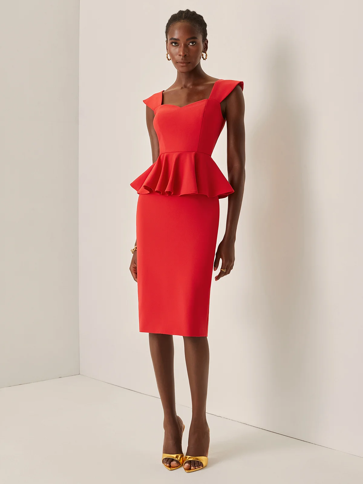 Red Peplum Peplum Sweetheart Neckline Sleeveless Sheath Midi Dress