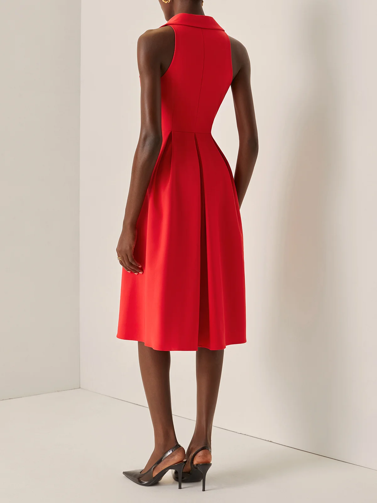 Red Classic Shirt Collar Sleeveless A-Line Midi Dress
