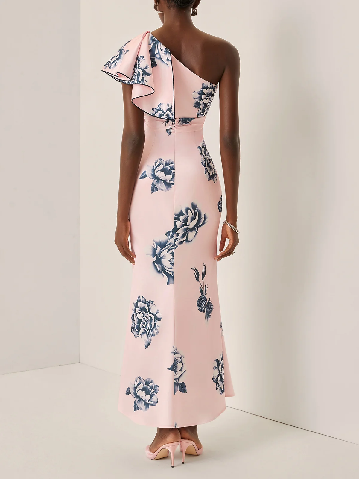 Pink Printing Peplum Satin One Shoulder Sleeveless Sheath Maxi Dress