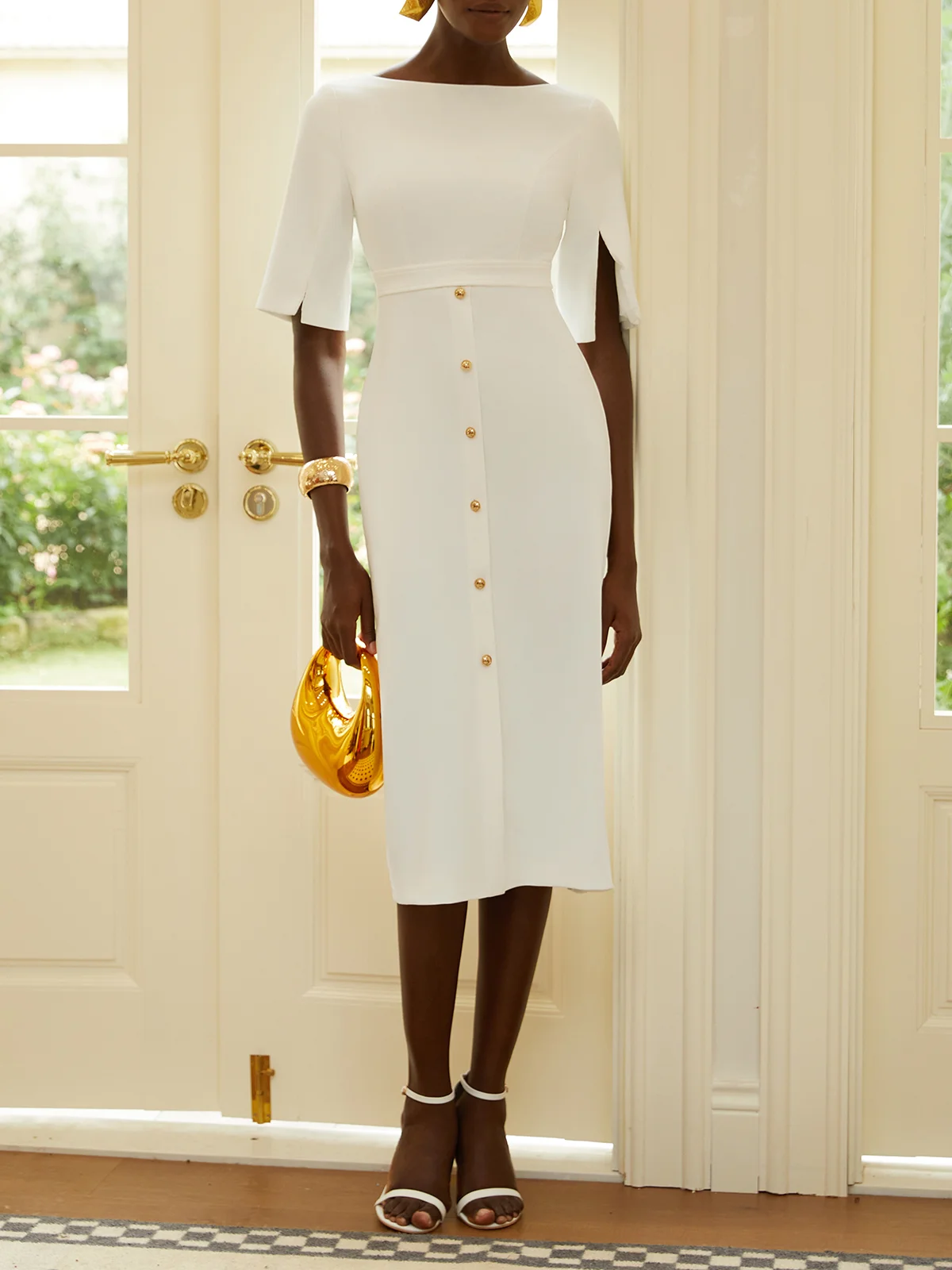White Buttoned Classic Crew Neck Short Sleeve Sheath Midi Dress