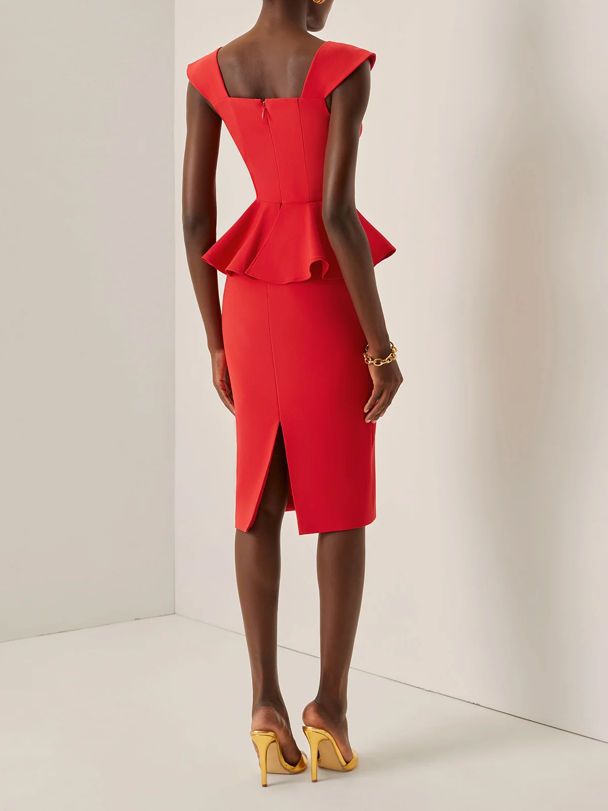 Red Peplum Peplum Sweetheart Neckline Sleeveless Sheath Midi Dress