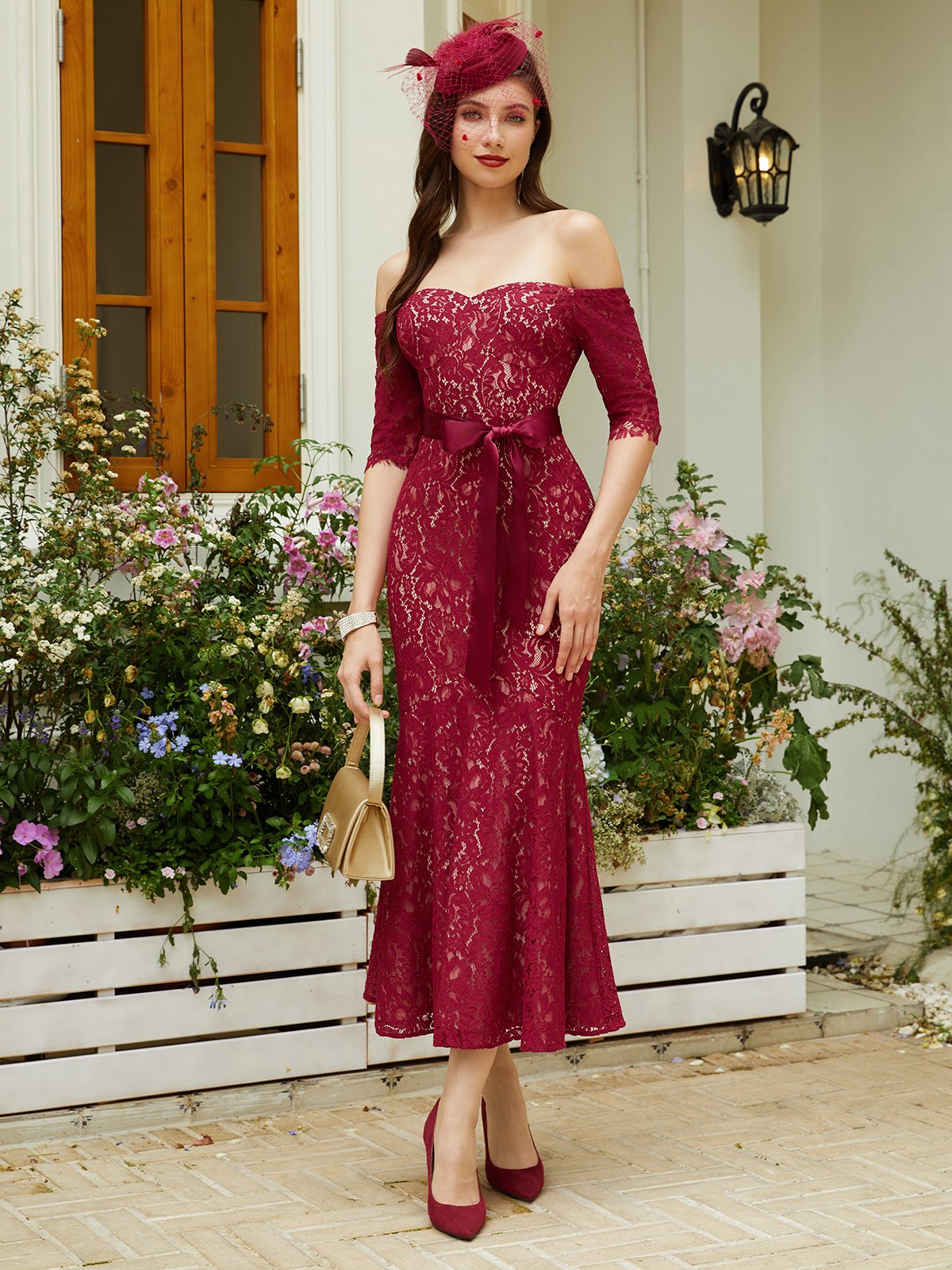Wine Red Lace Lace Off The Shoulder Half Sleeve Mermaid Maxi Dress