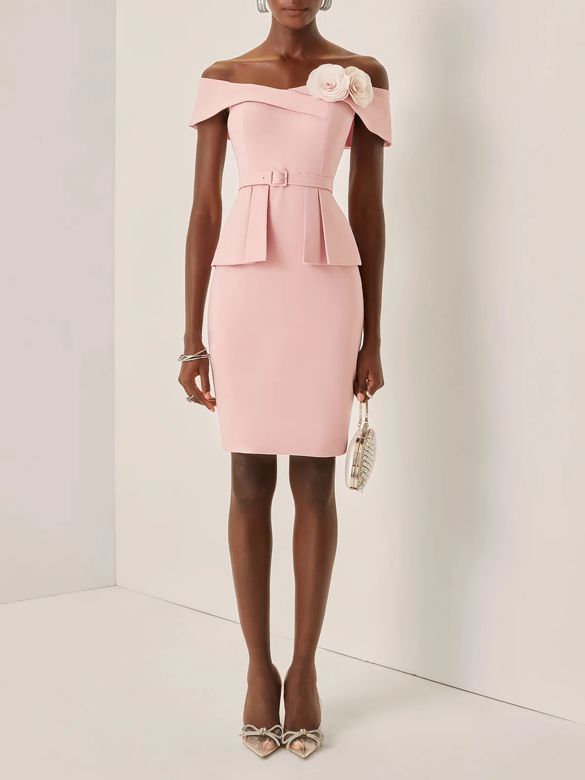 Pink 3D Floral Peplum V Neck Short Sleeve Sheath Midi Dress