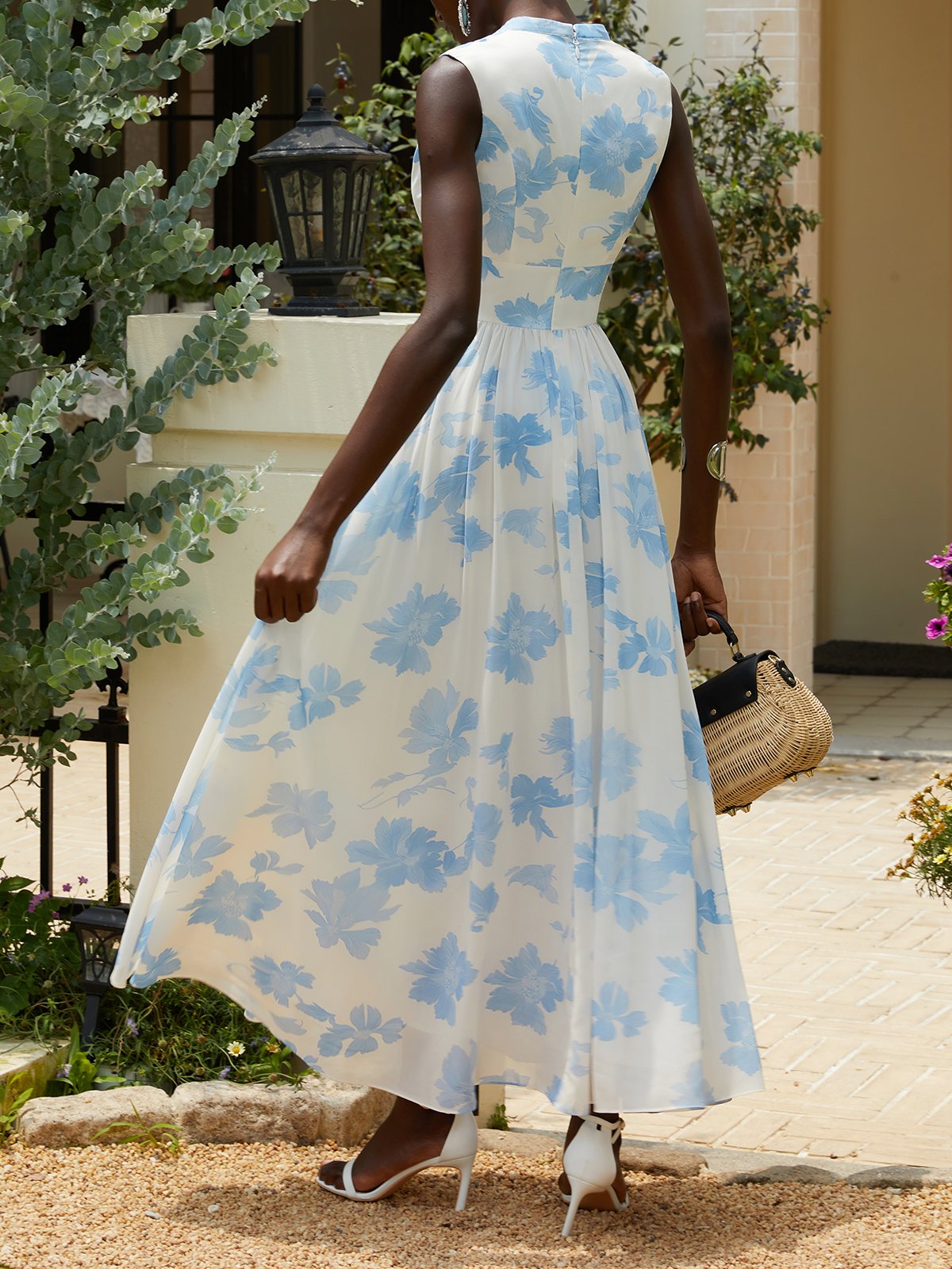 Light Blue Floral Chiffon V Neck Sleeveless A-Line Maxi Dress