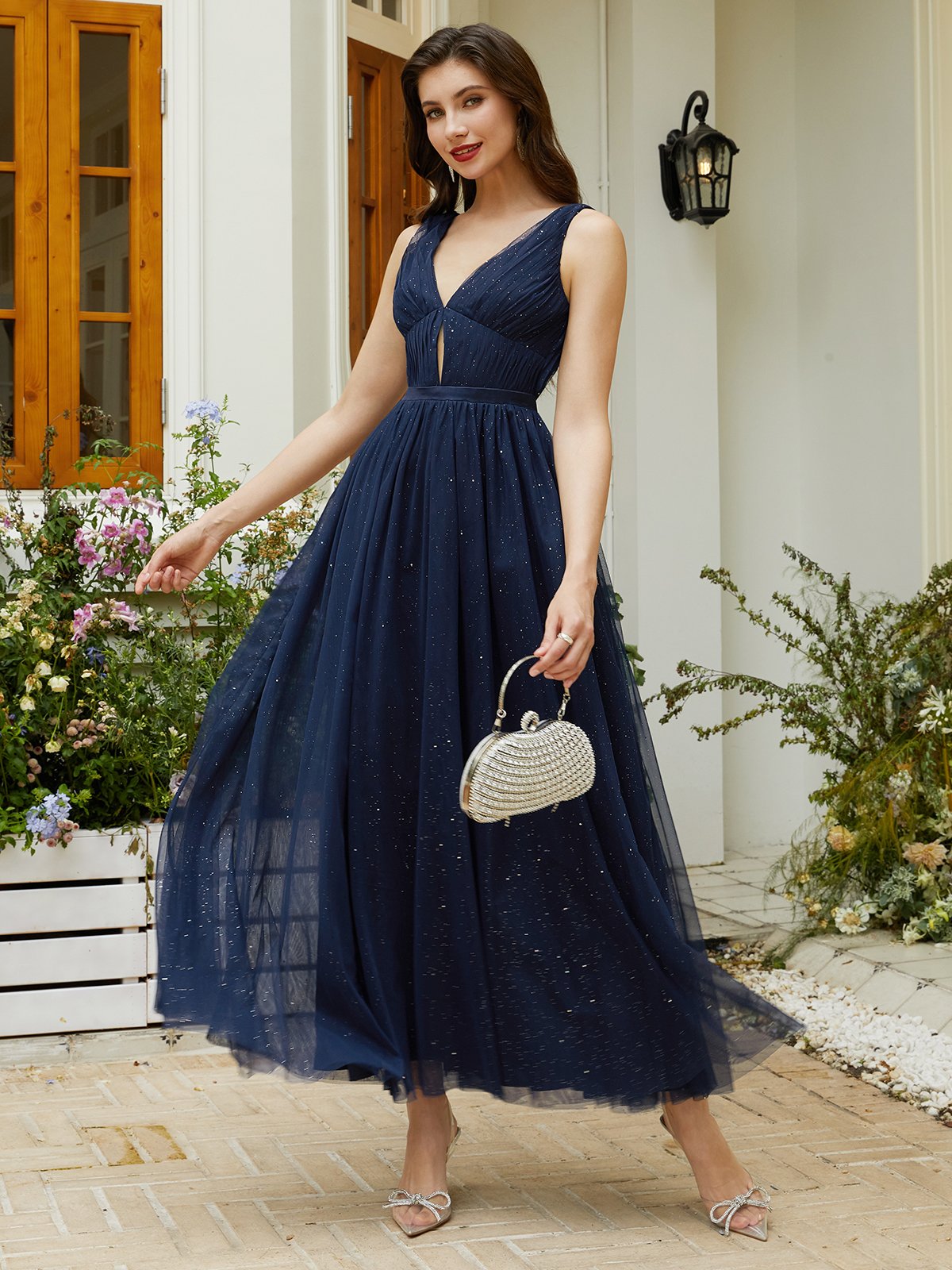 Purplish blue Mesh Slit Classic V Neck Sleeveless A-Line Maxi Dress