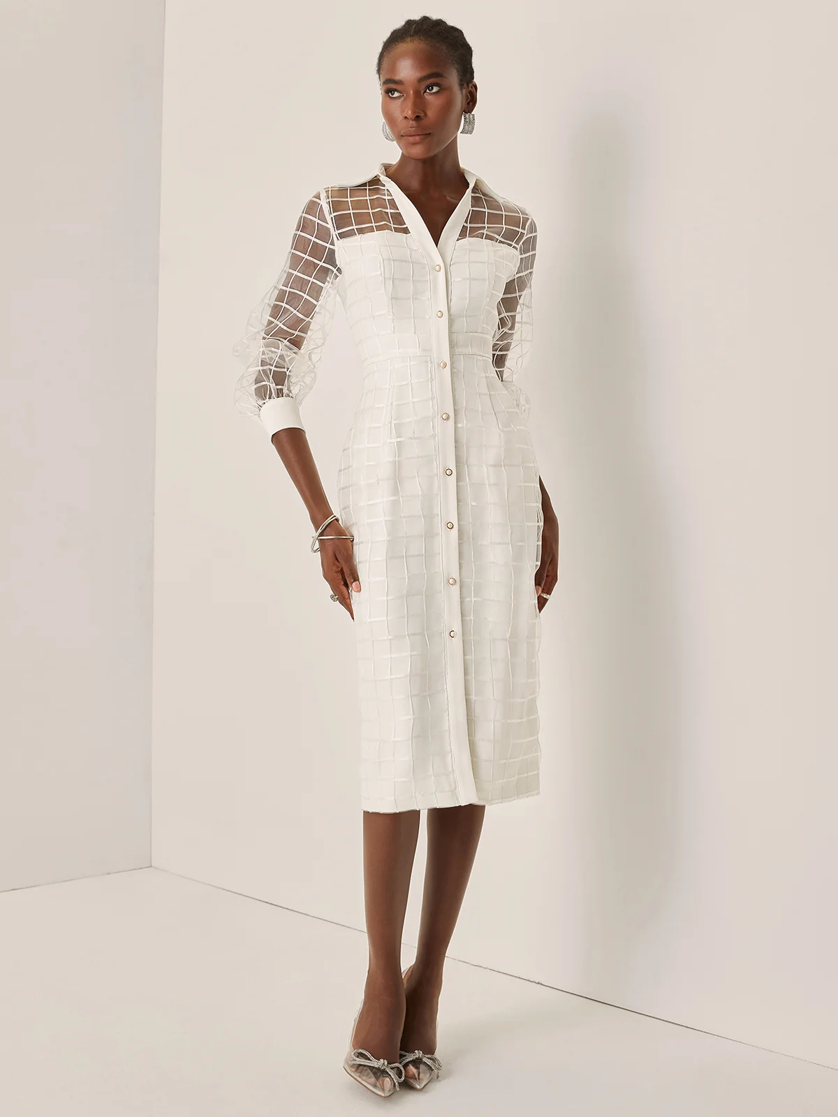 White Mesh Shirt Dress Shirt Collar Long Sleeve Balloon Sleeve Sheath Midi Dress