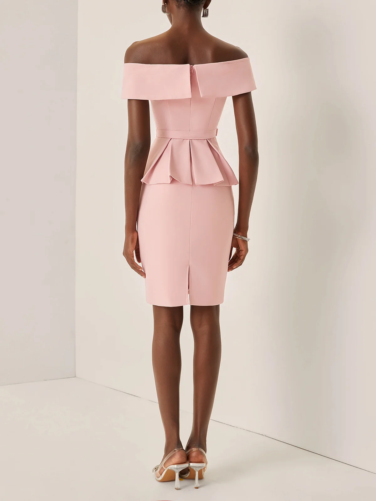 Pink 3D Floral Peplum V Neck Short Sleeve Sheath Midi Dress