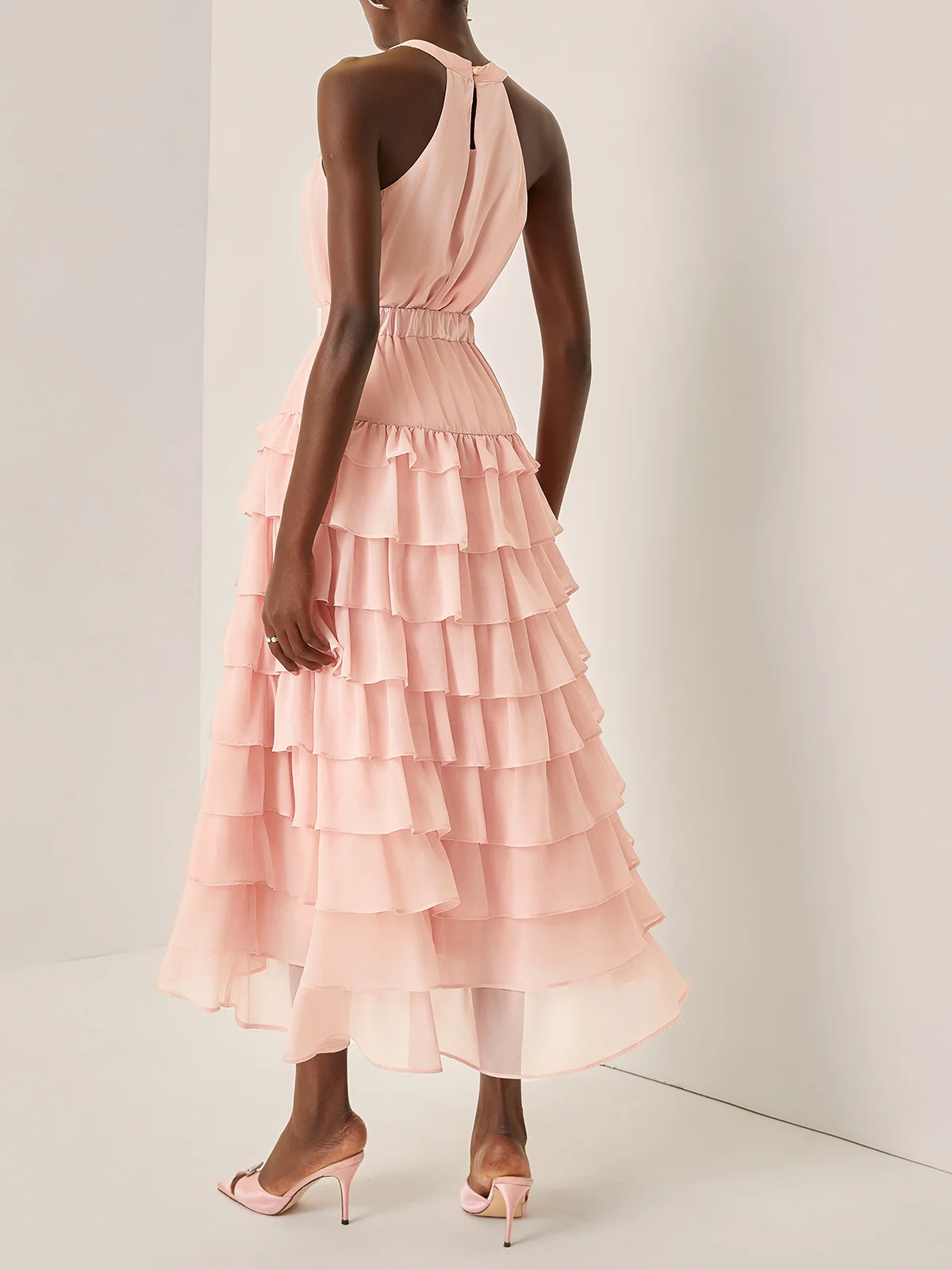 Pink Peplum Chiffon Halter Sleeveless A-Line Maxi Dress