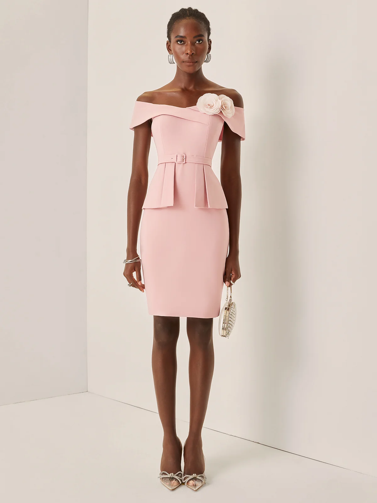 Pink 3D Floral Peplum V Neck Short Sleeve Sheath Midi Dress