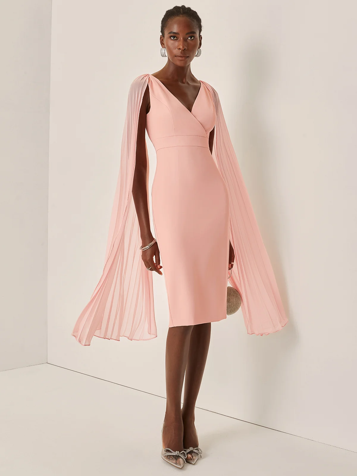 Light Pink Pleated Classic V Neck Sleeveless Sheath Midi Dress