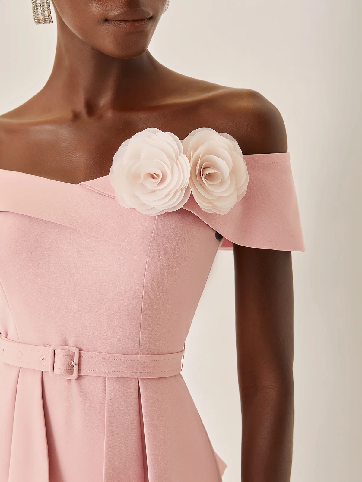 Pink 3D Floral Peplum V Neck Short Sleeve Sheath Midi Dress
