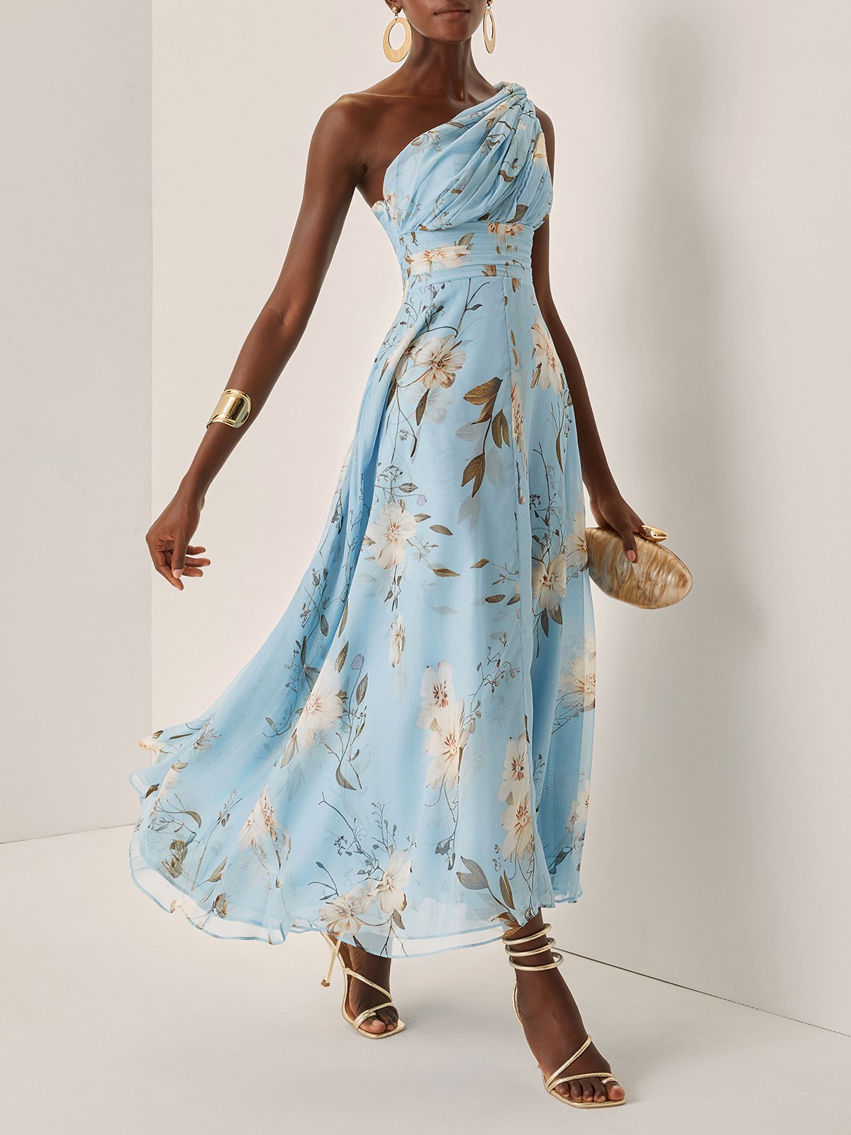Light Blue Floral Ruched Chiffon One Shoulder Sleeveless A-Line Maxi Dress