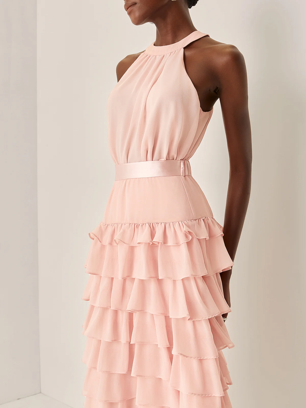 Pink Peplum Chiffon Halter Sleeveless A-Line Maxi Dress