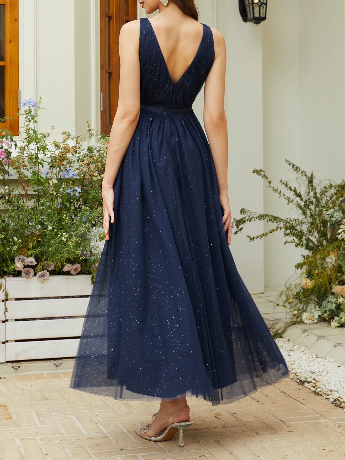 Purplish blue Mesh Slit Classic V Neck Sleeveless A-Line Maxi Dress