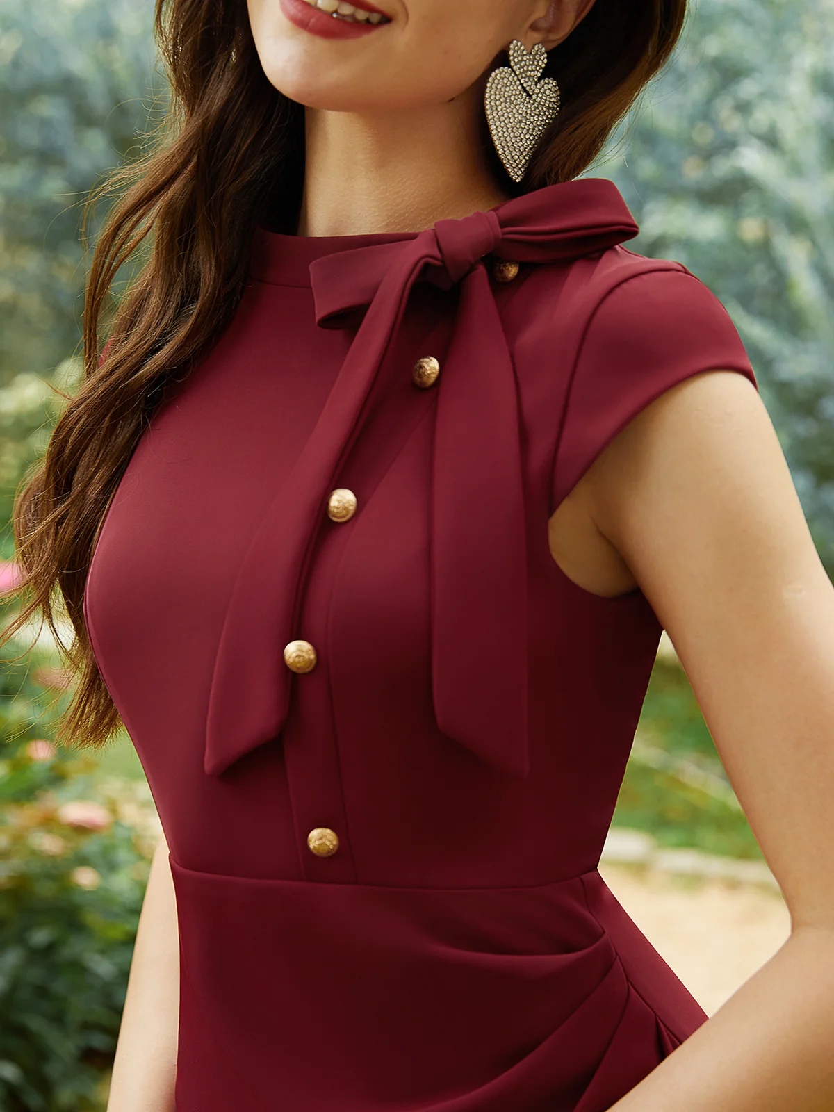 Wine Red Butterfly Lace Crew Neck Cap Sleeve Sheath Midi Dress