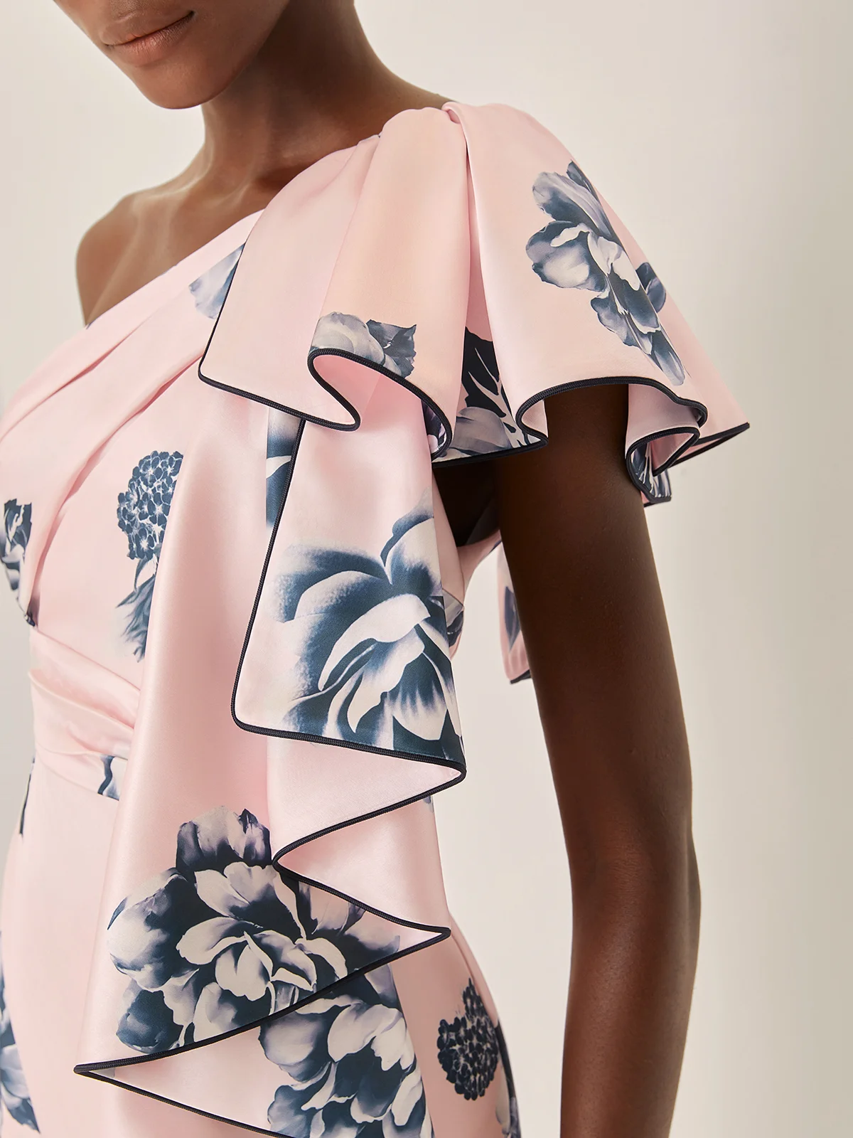 Pink Printing Peplum Satin One Shoulder Sleeveless Sheath Maxi Dress