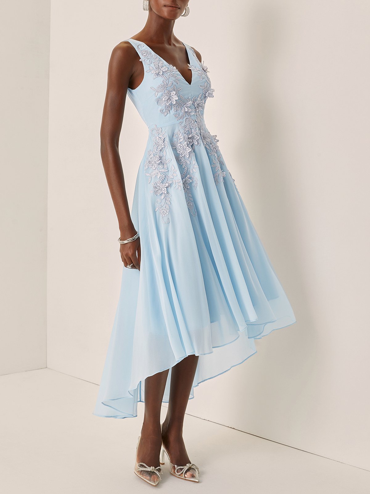 Light Blue Lace Asymmetric Chiffon V Neck Sleeveless A-Line Maxi Dress