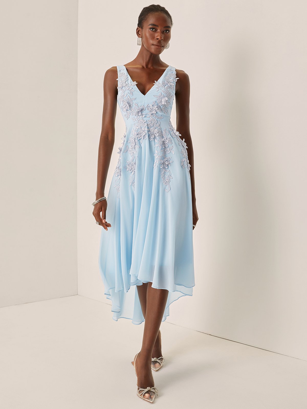 Light Blue Lace Asymmetric Chiffon V Neck Sleeveless A-Line Maxi Dress