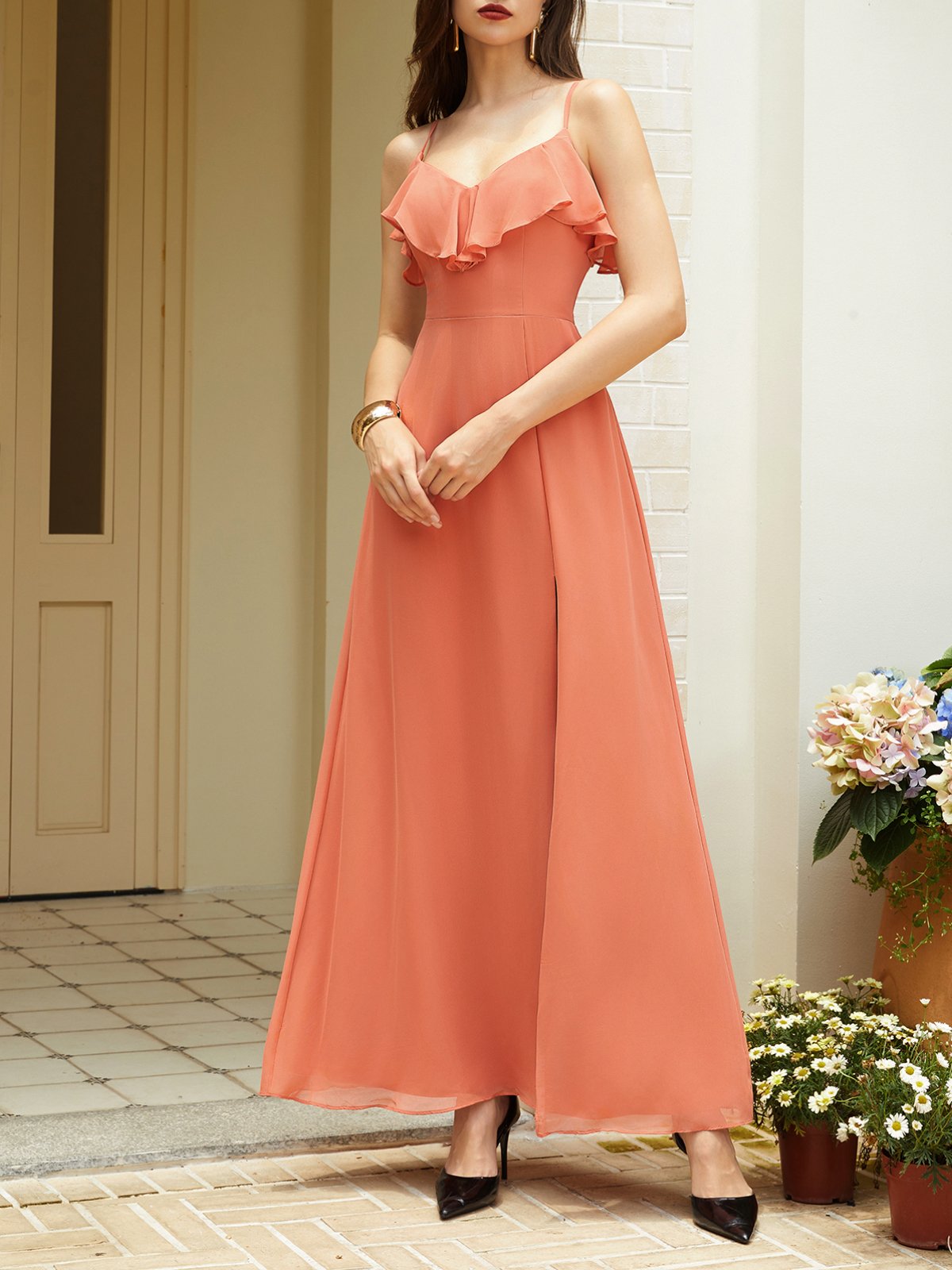 Orange Red Ruffled Chiffon Spaghetti Sleeveless A-Line Maxi Dress