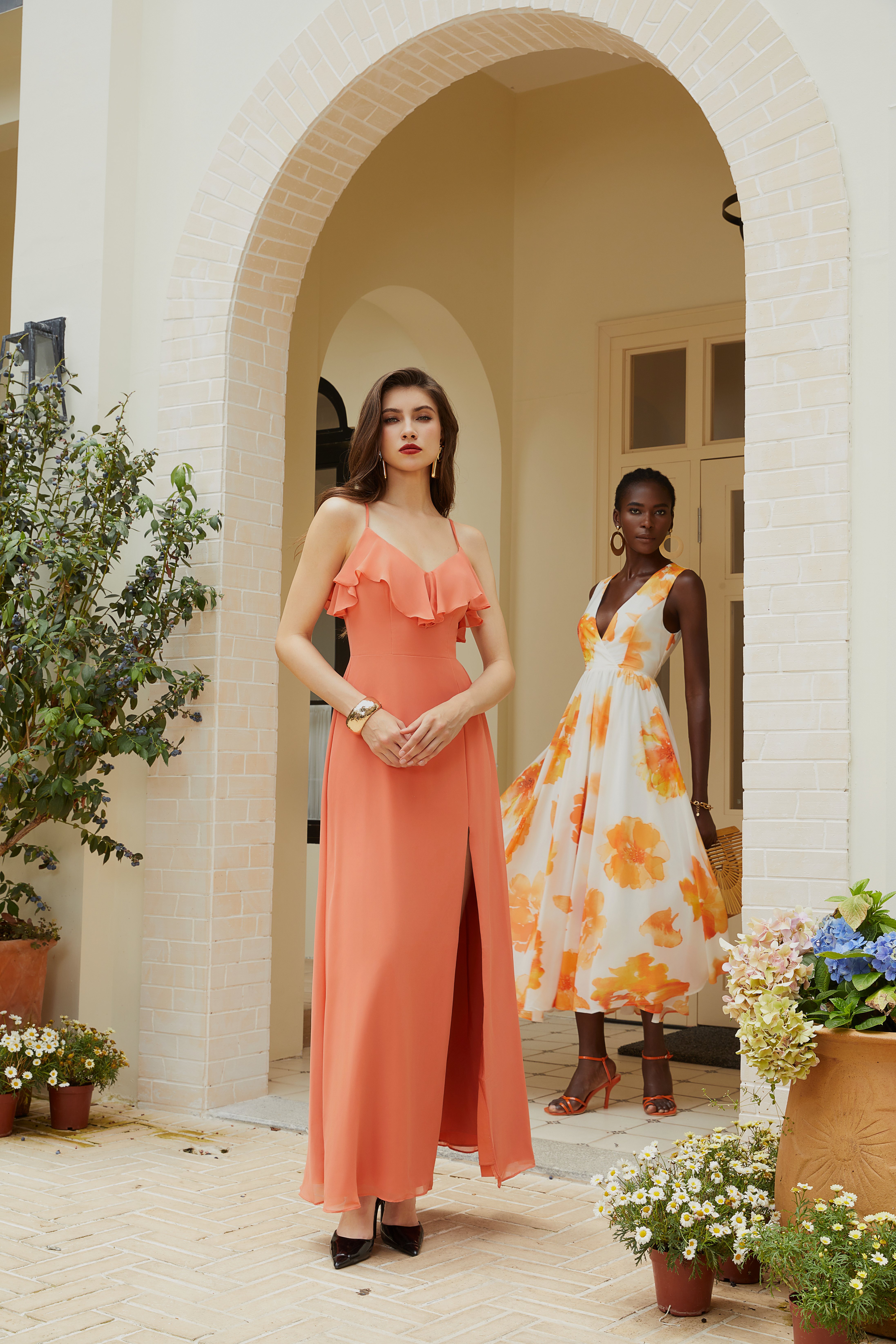 Orange Red Ruffled Chiffon Spaghetti Sleeveless A-Line Maxi Dress