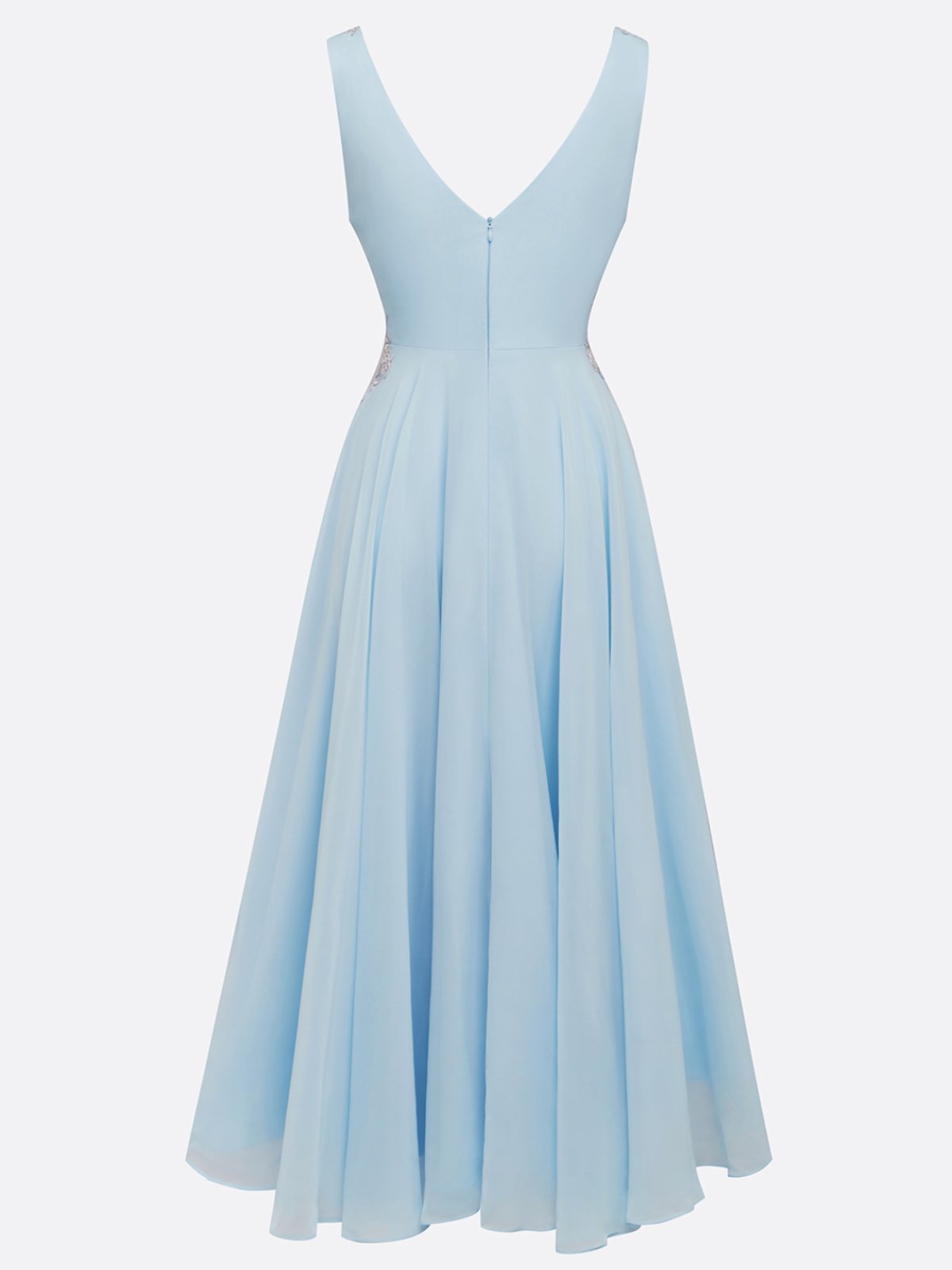 Light Blue Prom Lace Asymmetric Chiffon V Neck Sleeveless A-Line Maxi Homecoming Dress