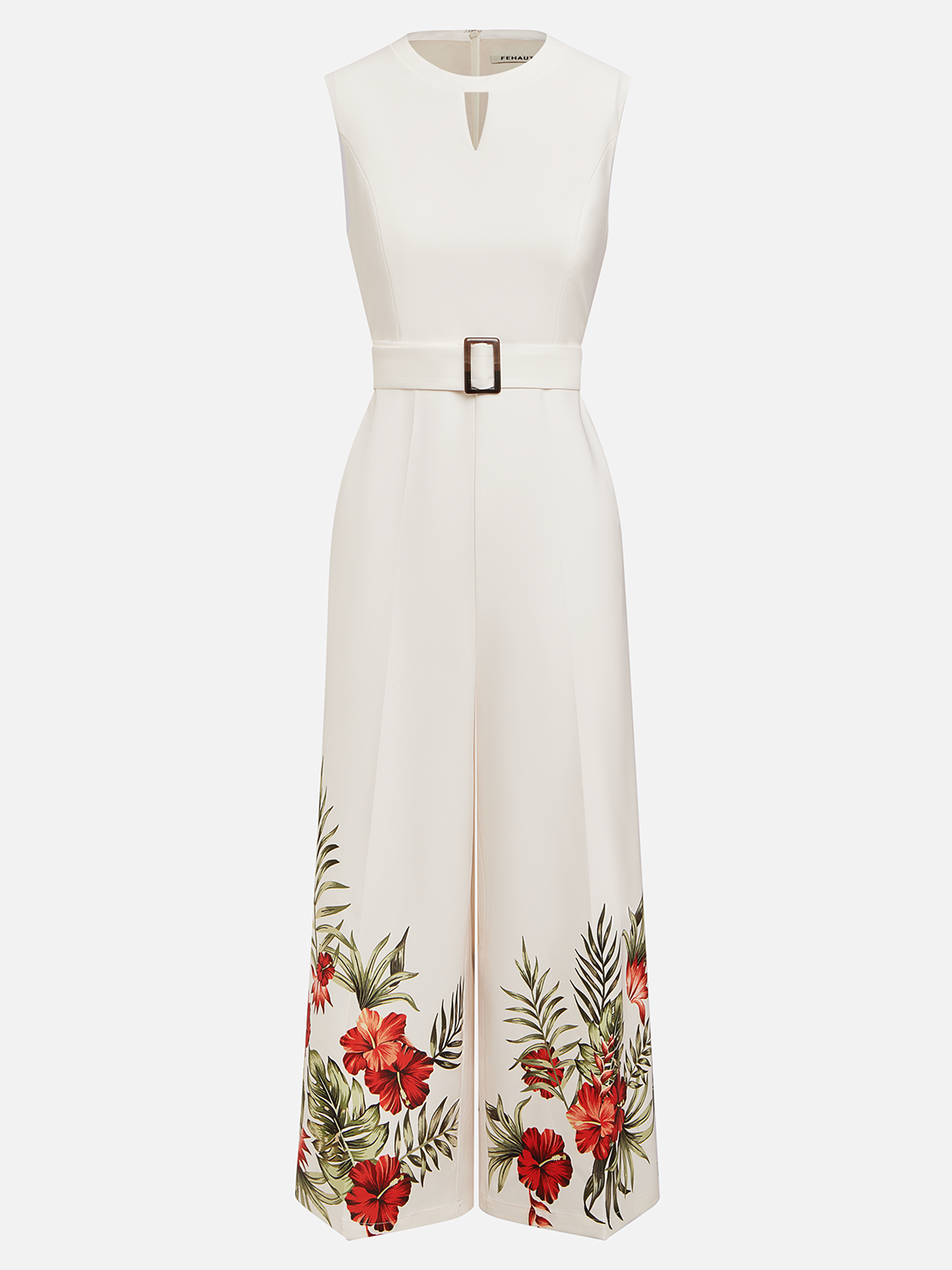 Off White Floral Crew Neck Regular Fit Morden Jumpsuit