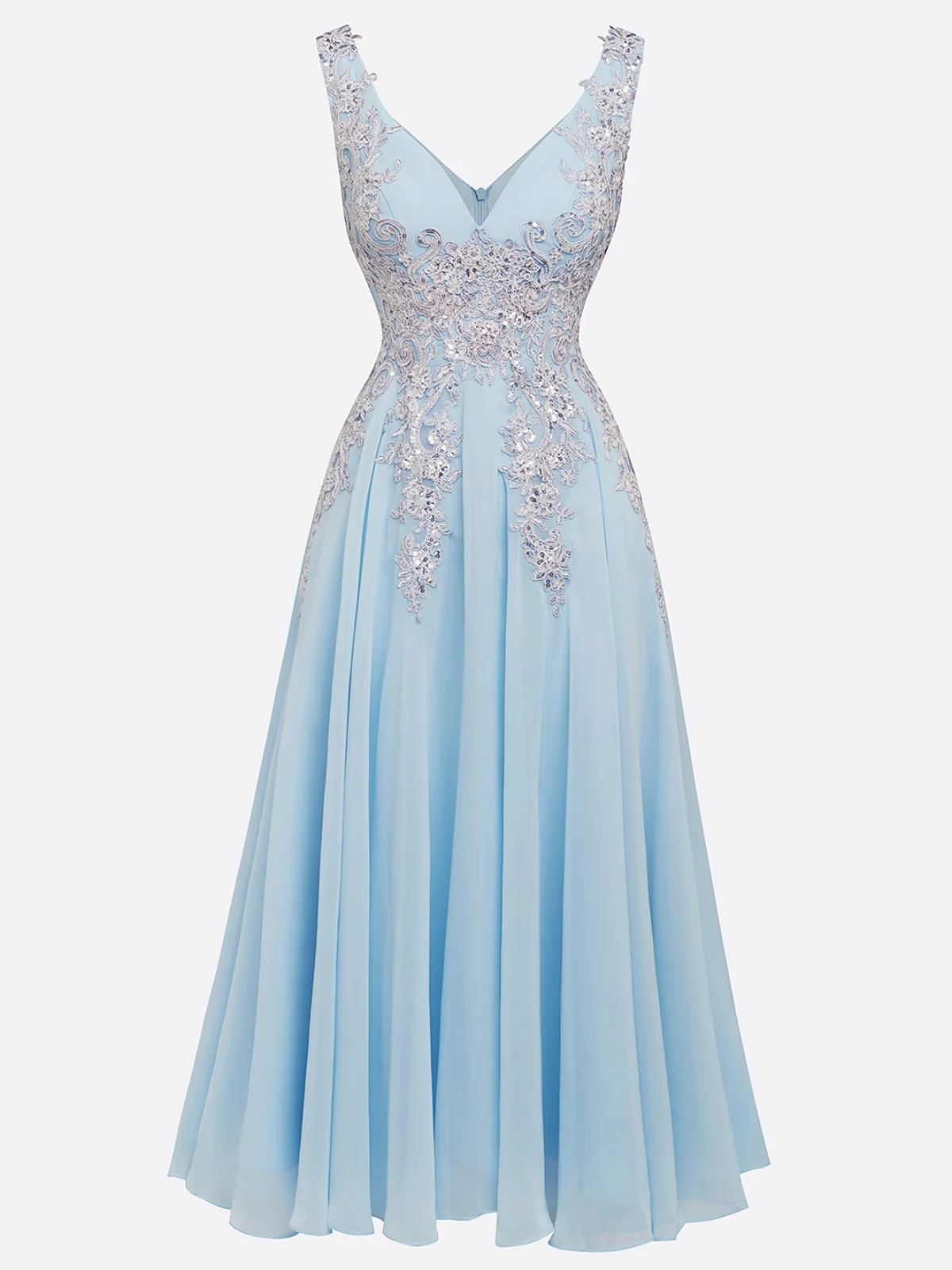 Light Blue Prom Lace Asymmetric Chiffon V Neck Sleeveless A-Line Maxi Homecoming Dress