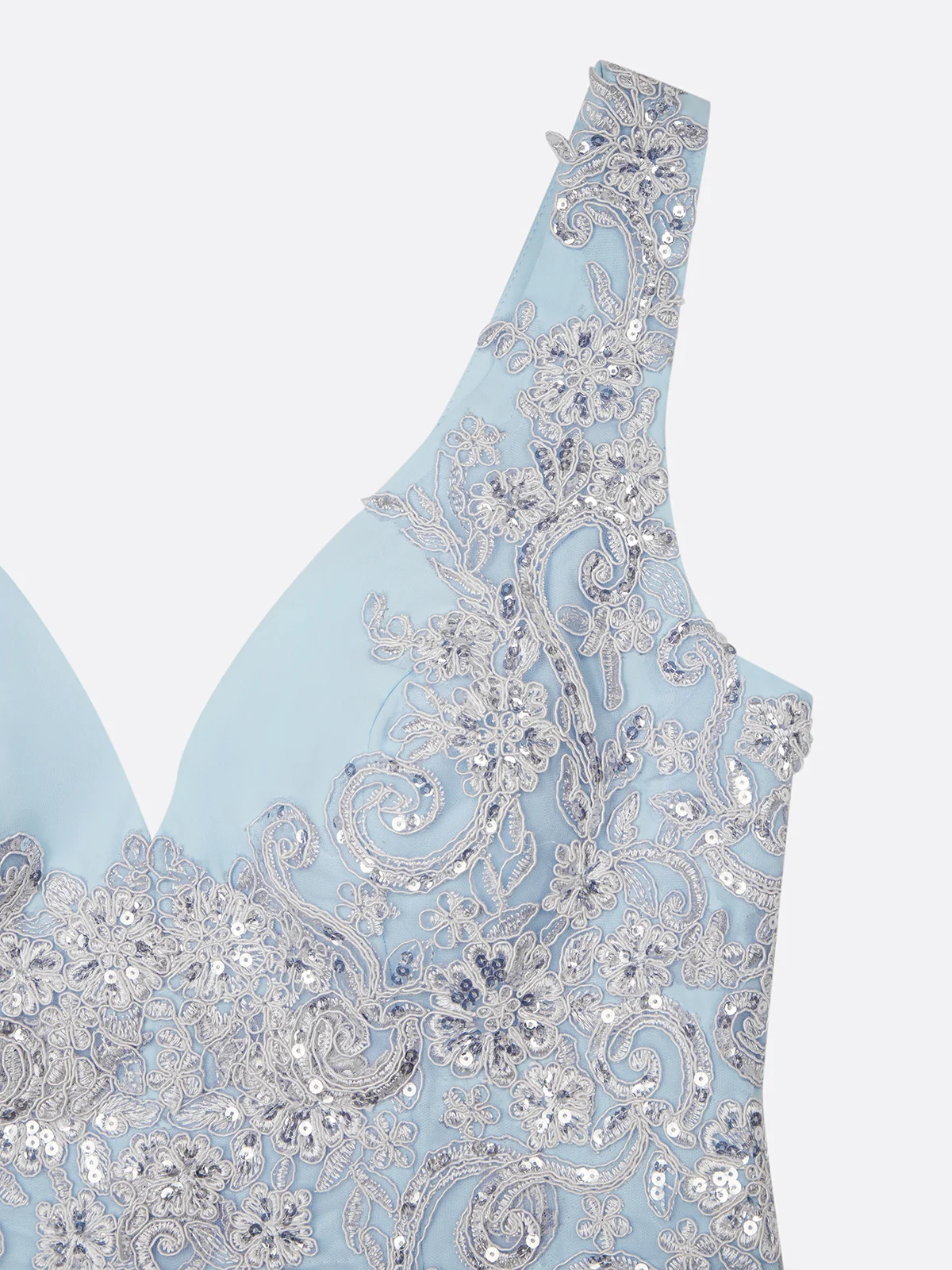 Light Blue Prom Lace Asymmetric Chiffon V Neck Sleeveless A-Line Maxi Homecoming Dress