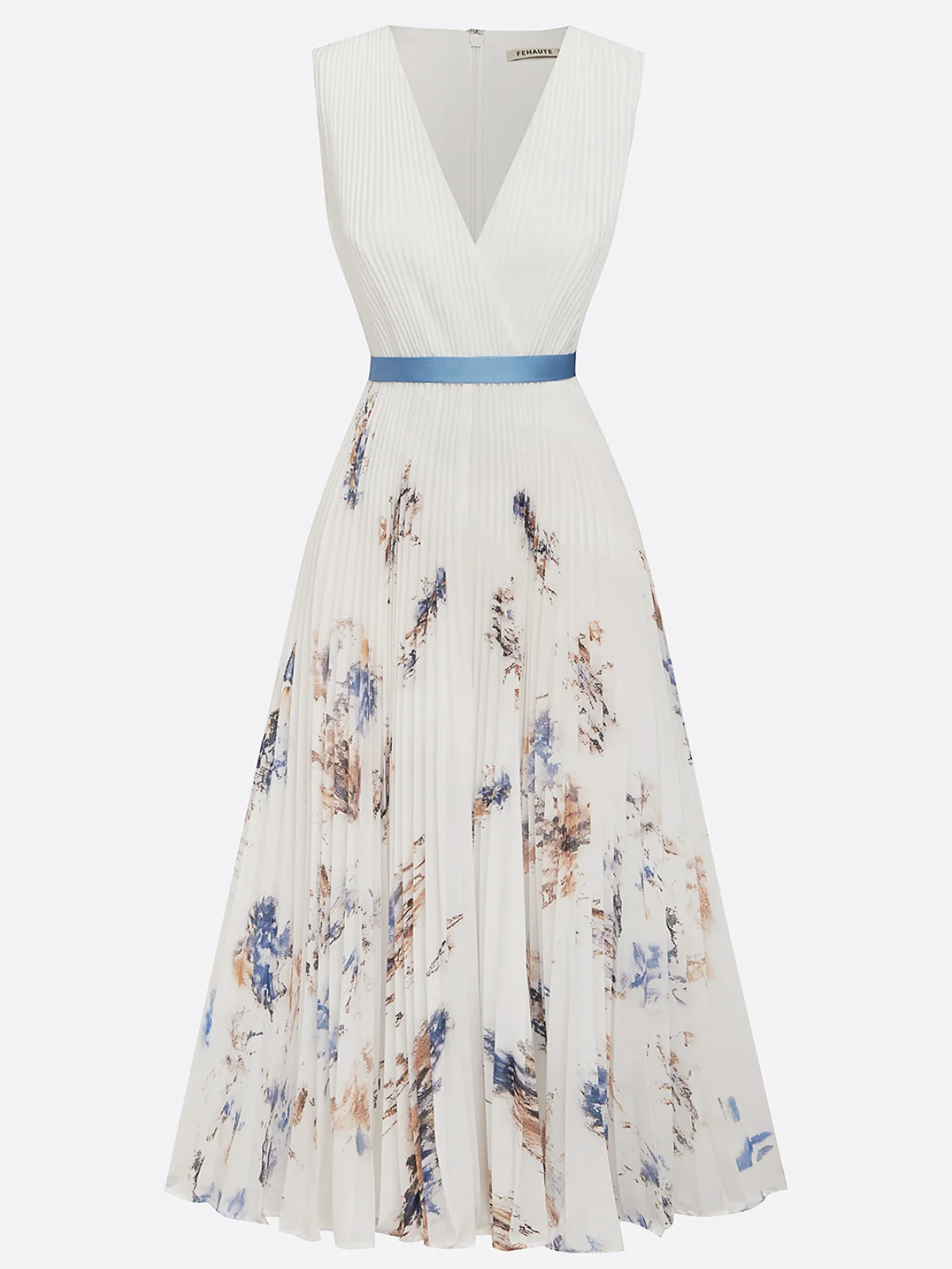 White Pleated Printing Chiffon V Neck Sleeveless A-Line Maxi Dress