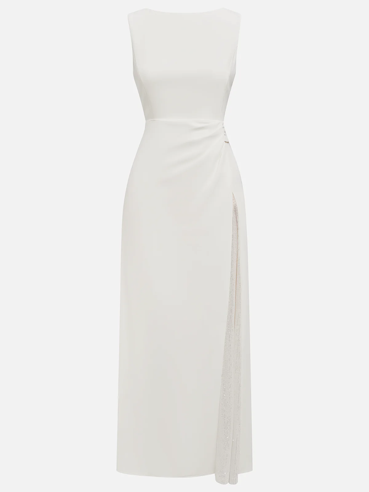 White Glitter Ruched Classic Sleeveless A-Line Midi Dress