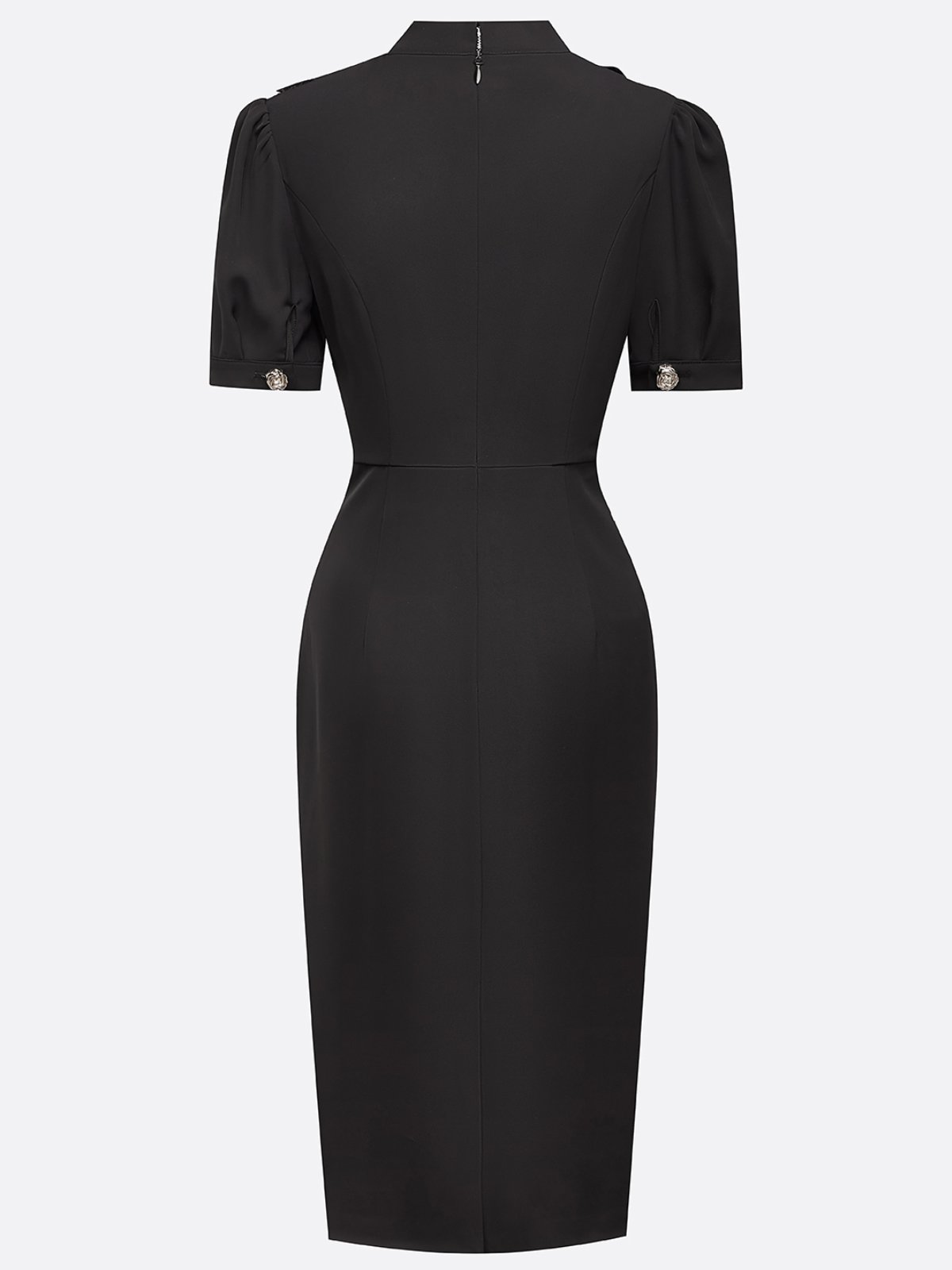 Black Pleated Classic Crew Neck Short Sleeve Puff Sleeve Sheath Midi Dress