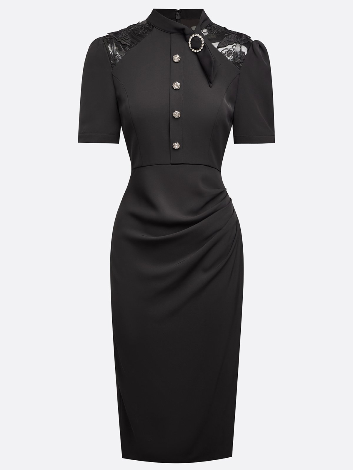 Black Pleated Classic Crew Neck Short Sleeve Puff Sleeve Sheath Midi Dress