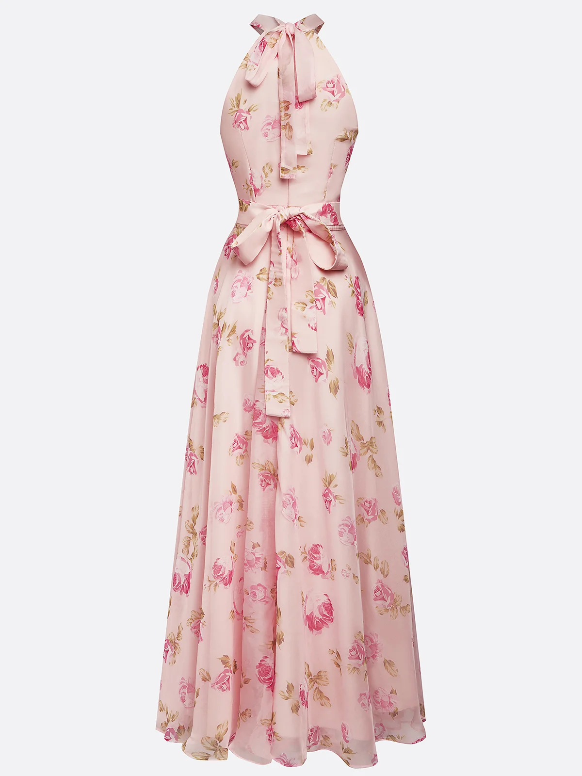 Pink Classic Floral Halter Short Sleeve A-Line Gown Dress