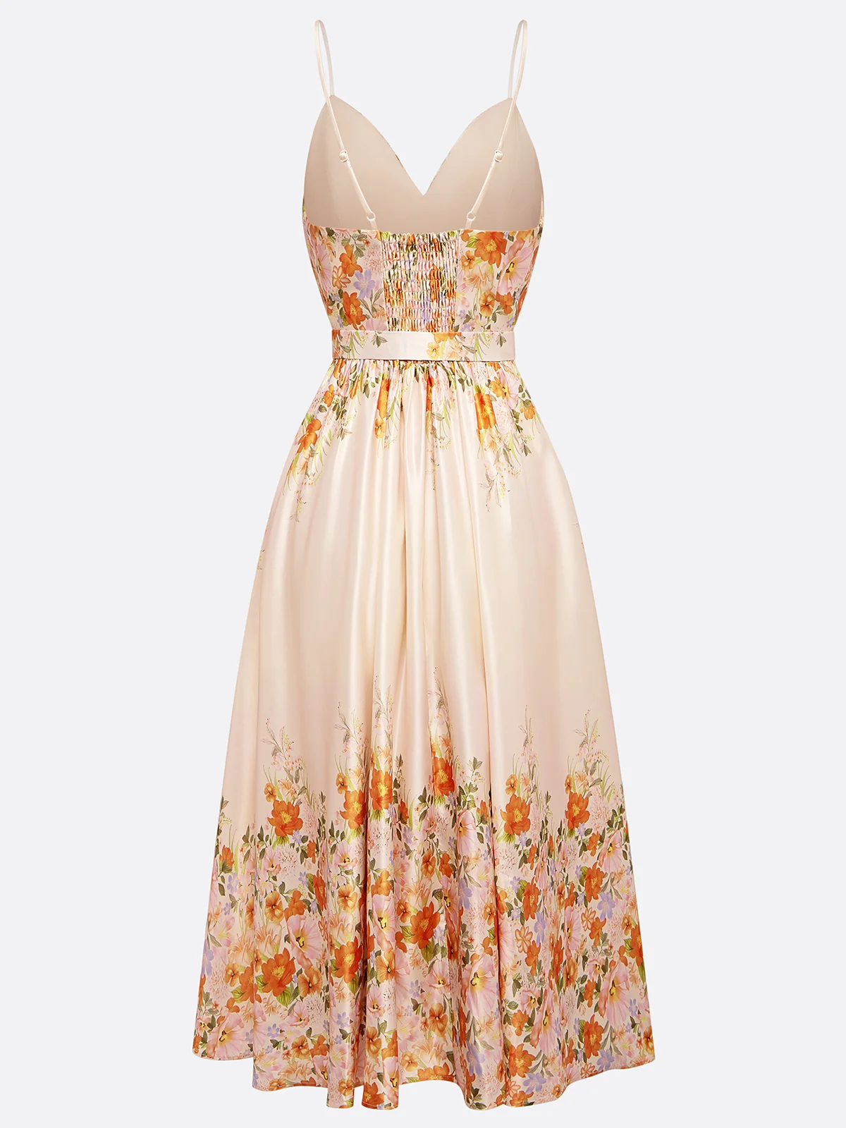 Beige Floral Spaghetti Sleeveless A-Line Midi Dress