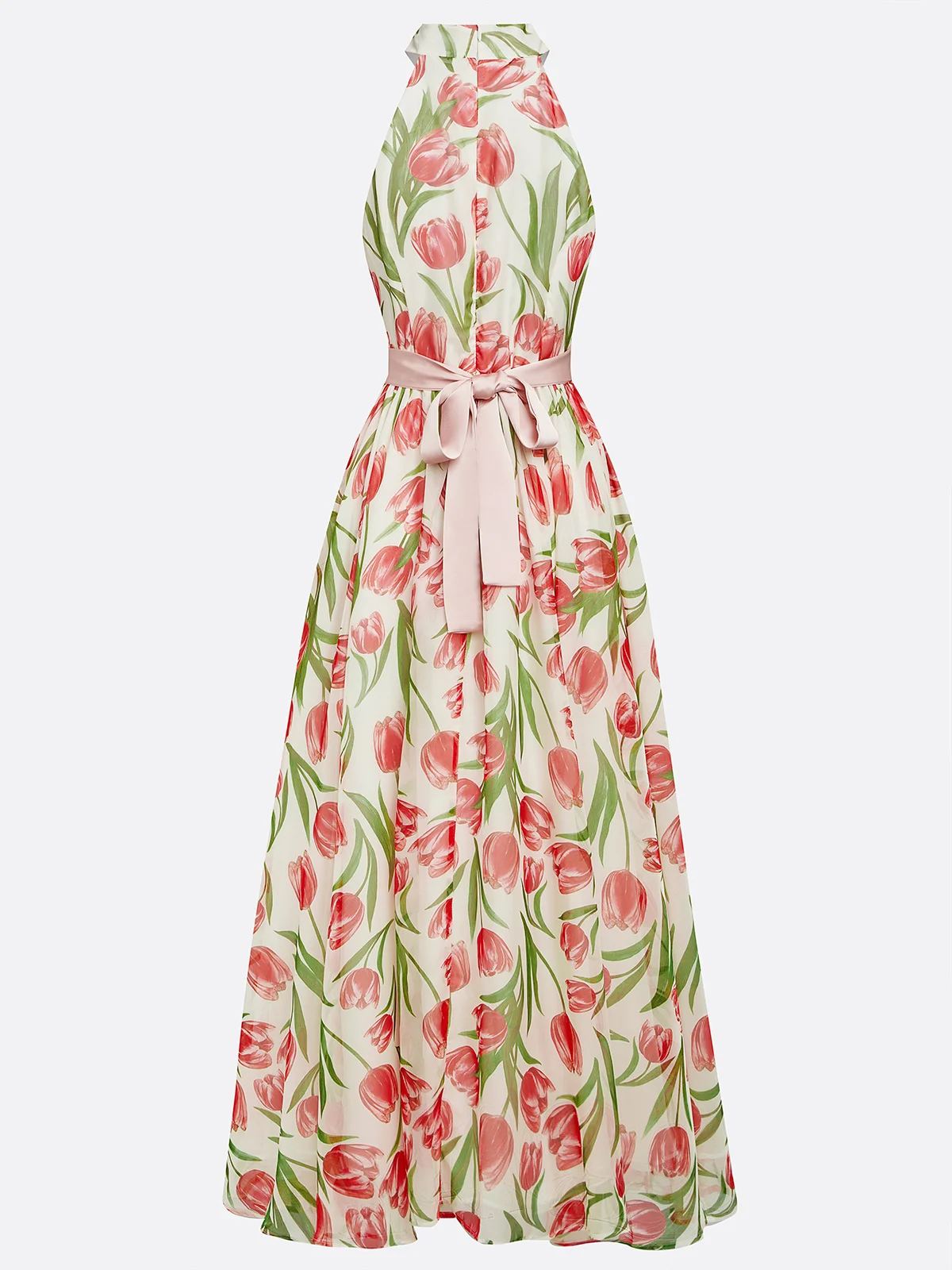 Pink Floral Crew Neck Sleeveless A-Line Maxi Chiffon Dress
