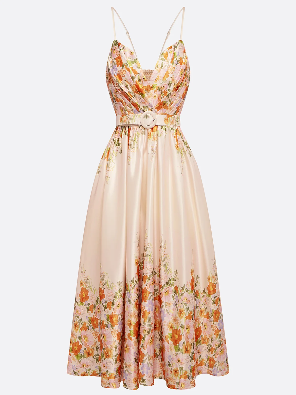Beige Floral Spaghetti Sleeveless A-Line Midi Dress