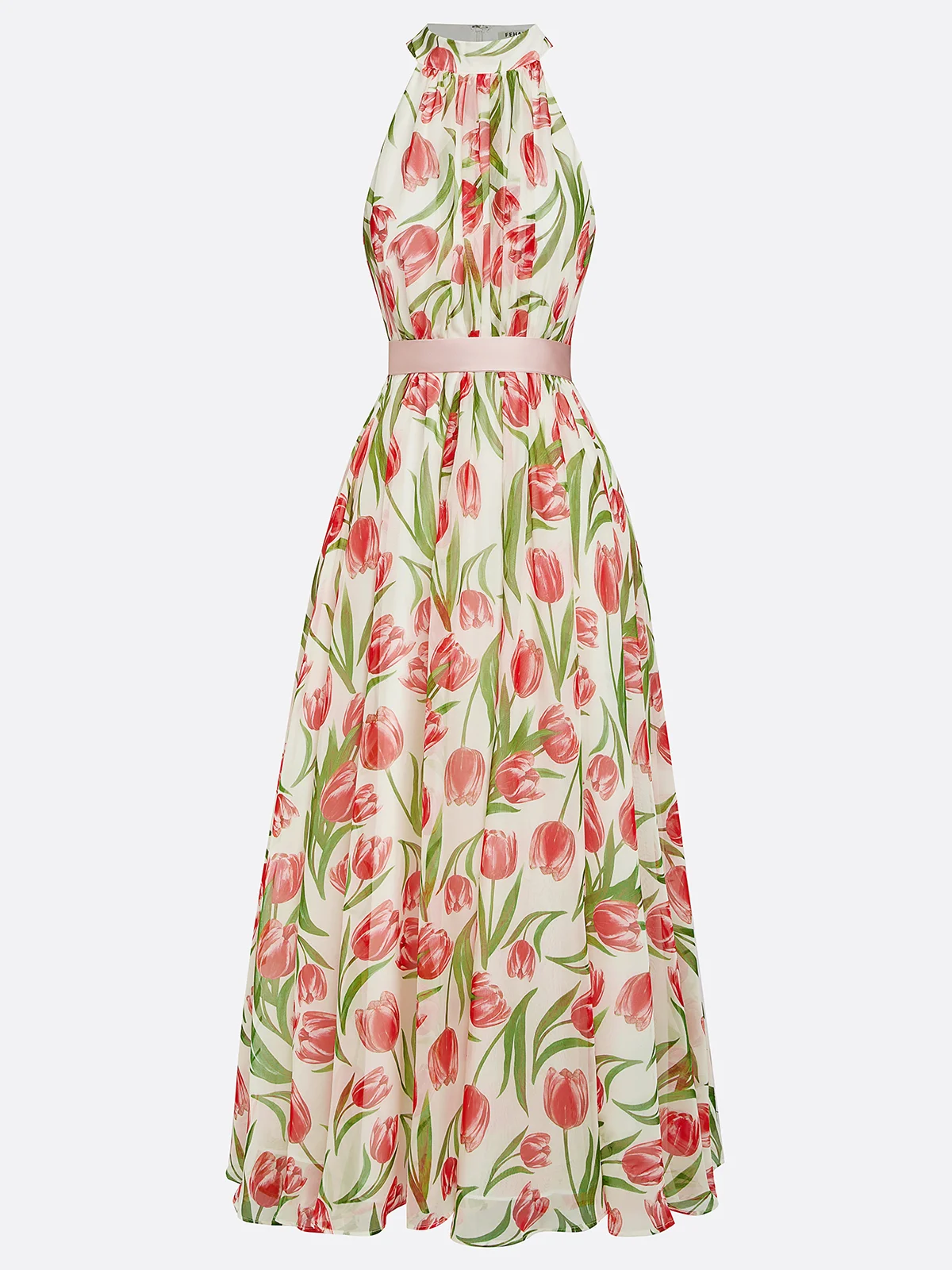 Pink Floral Crew Neck Sleeveless A-Line Maxi Chiffon Dress