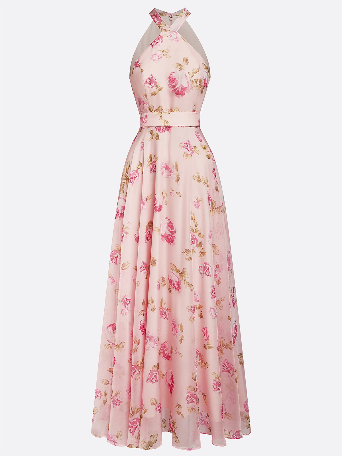Pink Classic Floral Halter Short Sleeve A-Line Gown Dress