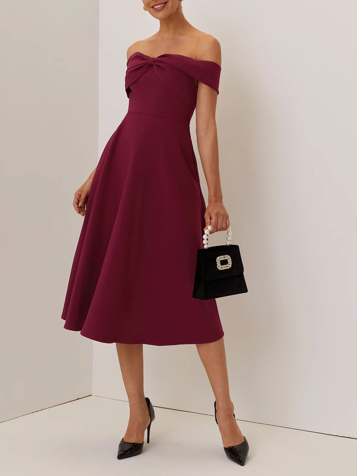 Wine Red Cross Classic Off The Shoulder Short Sleeve A-Line Midi Dress