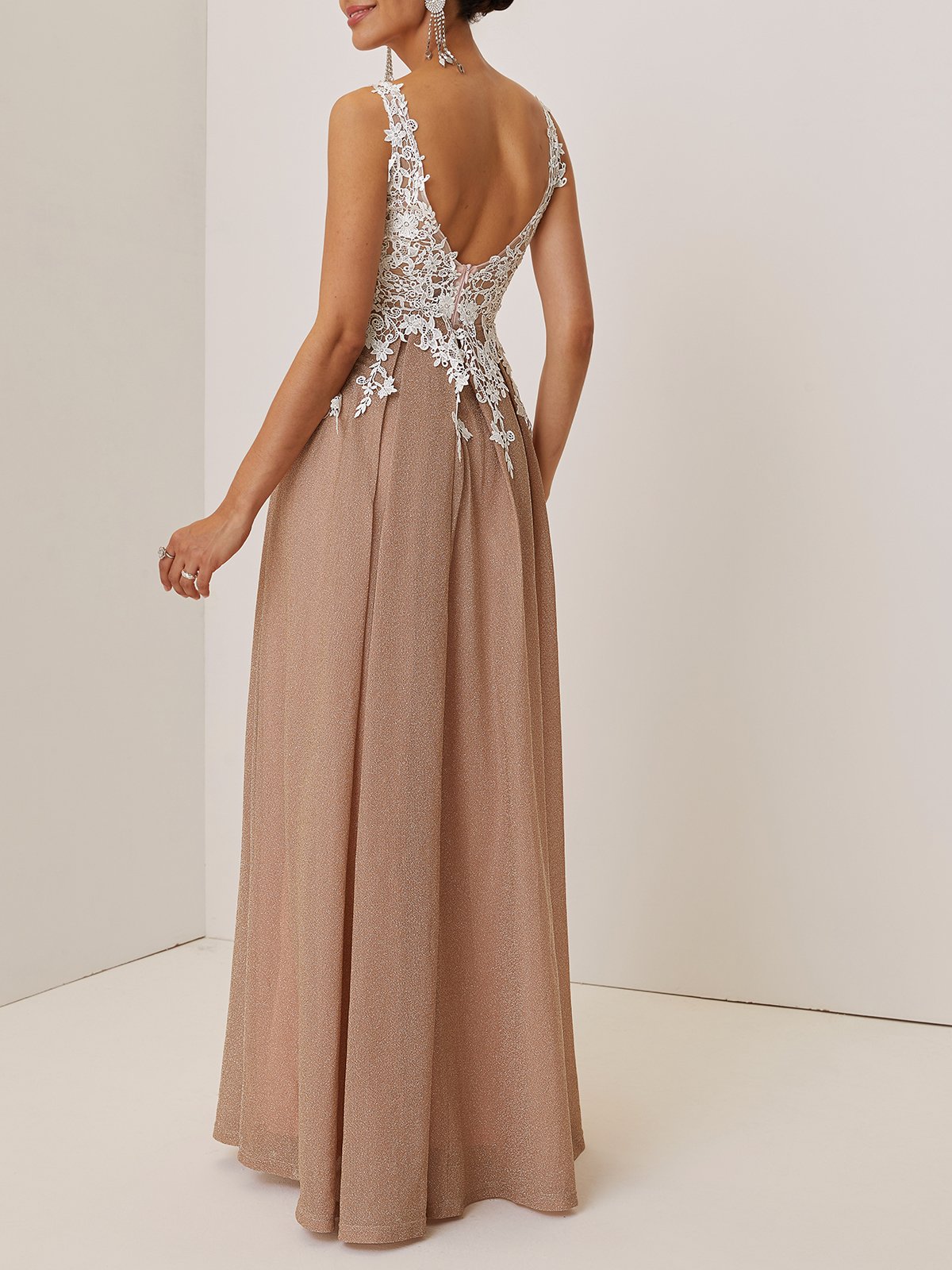 Apricot Lace Pleated Prom Dress V Neck Sleeveless A-Line Maxi Dress