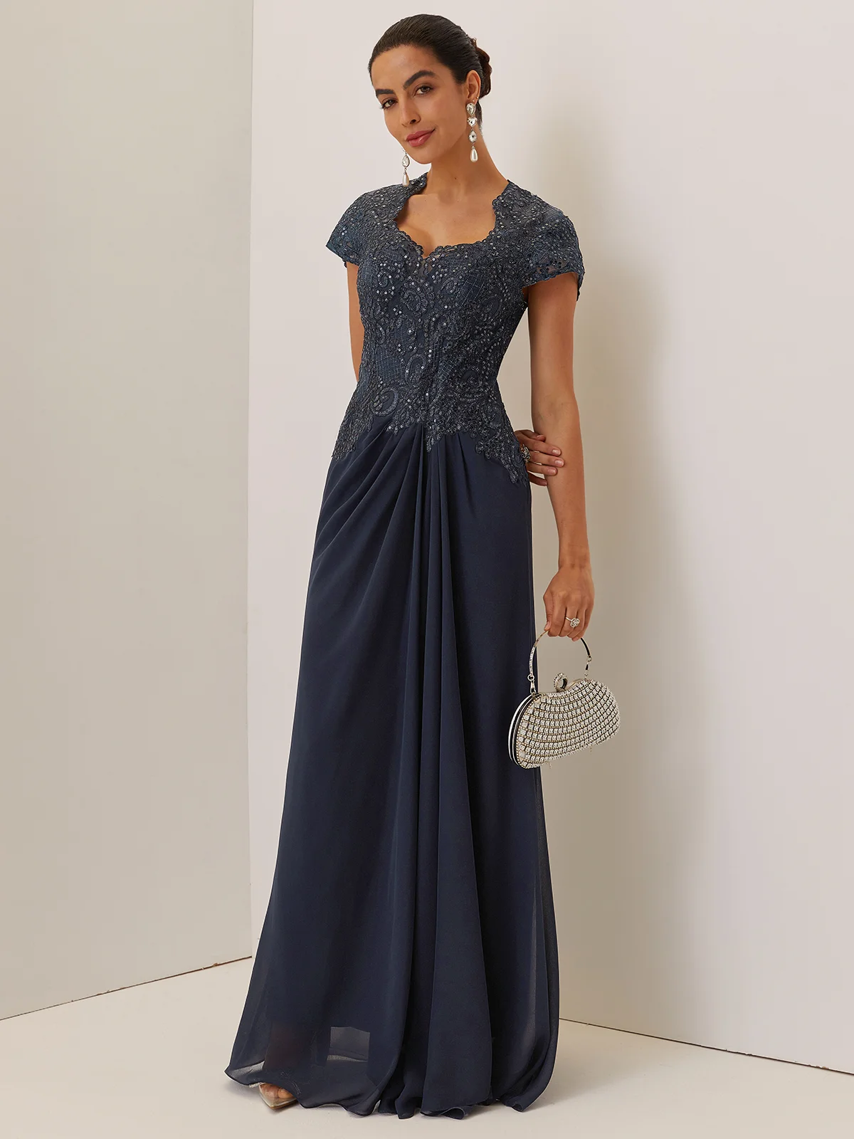 Purplish blue Lace Prom Dress Sweetheart Neckline Short Sleeve Off Shoulder Sleeve A-Line Maxi Dress