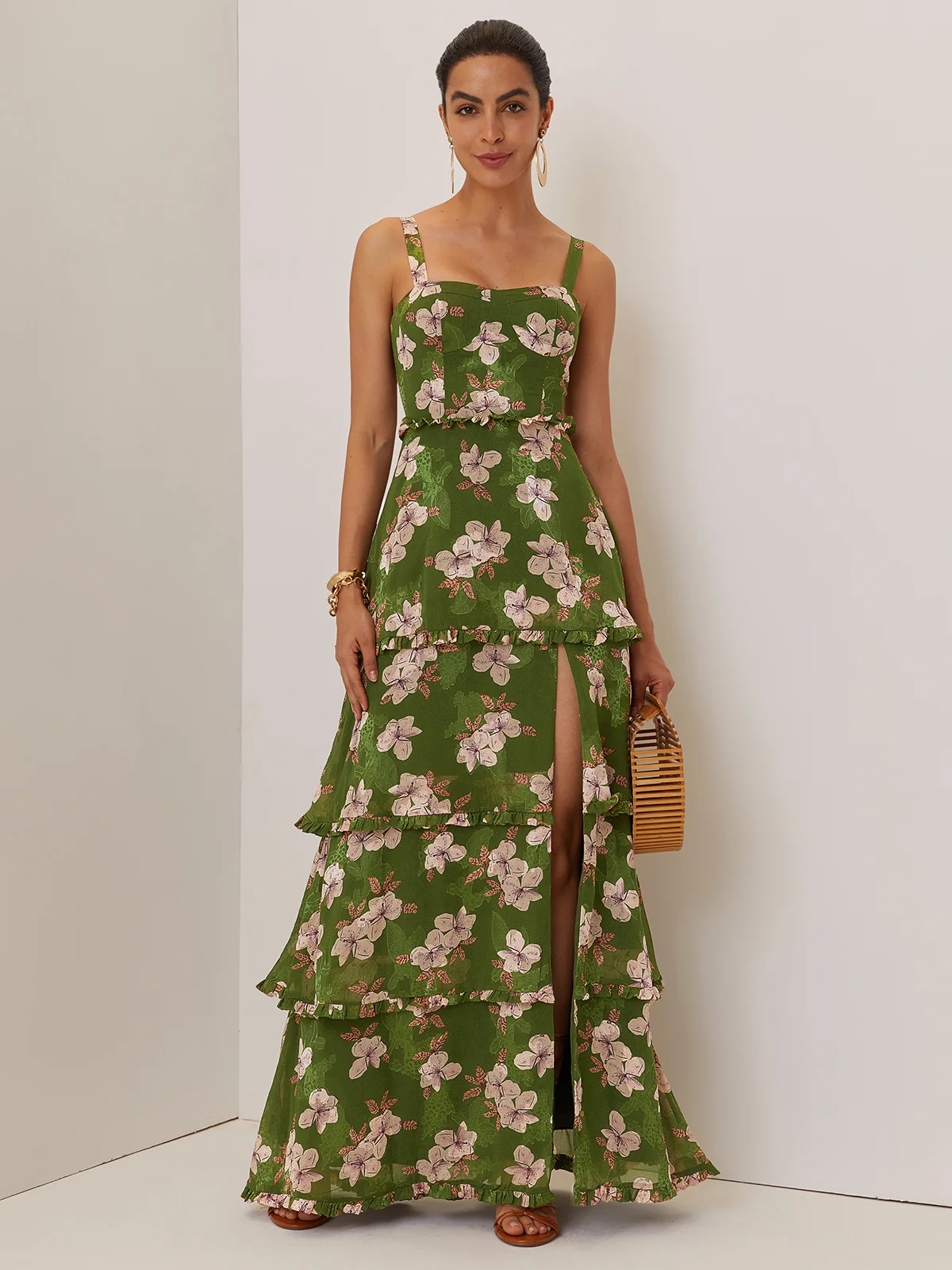 Green Jacquard Classic Spaghetti Chiffon Floral Sleeveless A-Line Maxi Dress