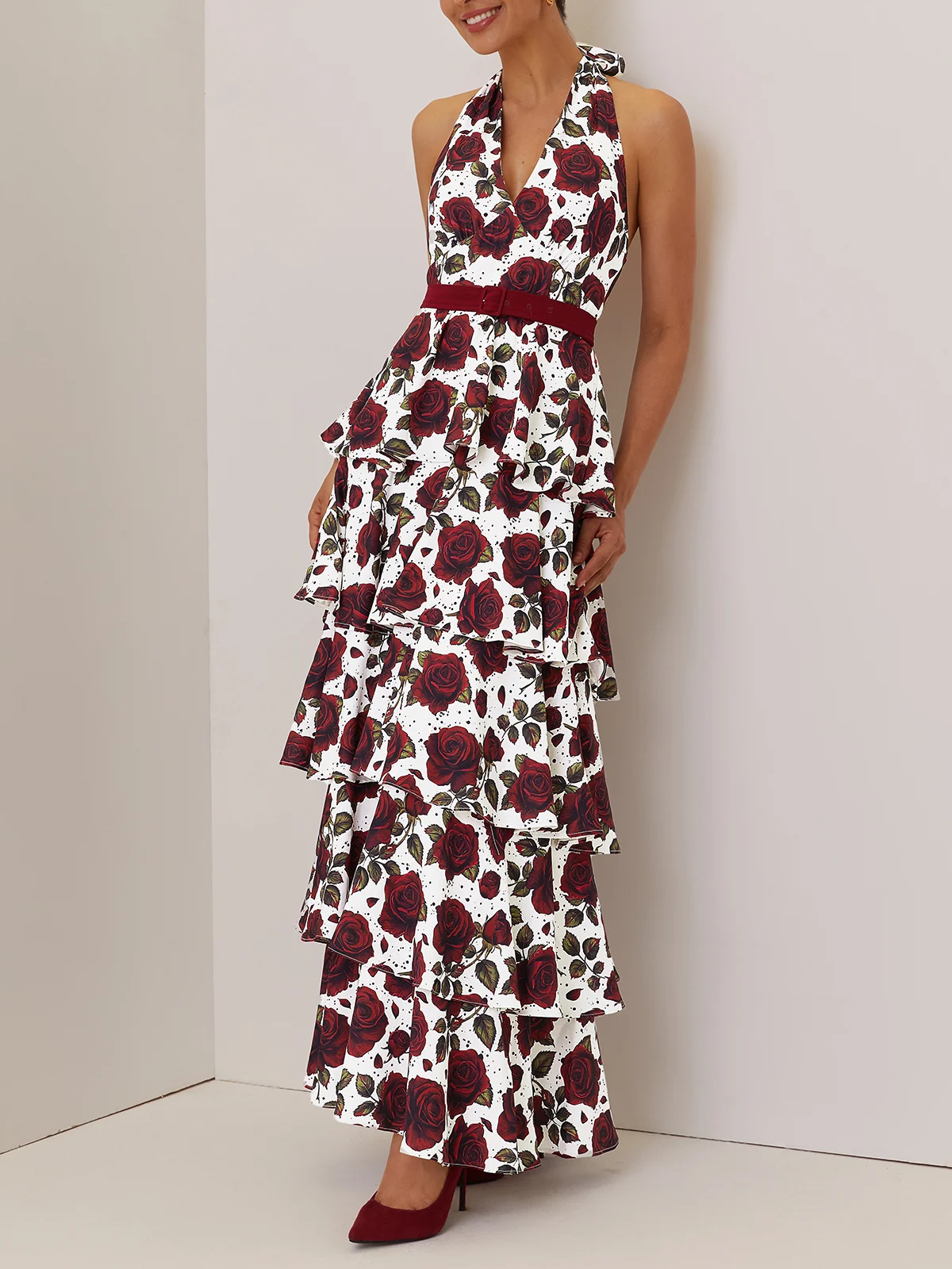 Wine Red Floral Peplum Classic Halter Sleeveless A-Line Maxi Dress