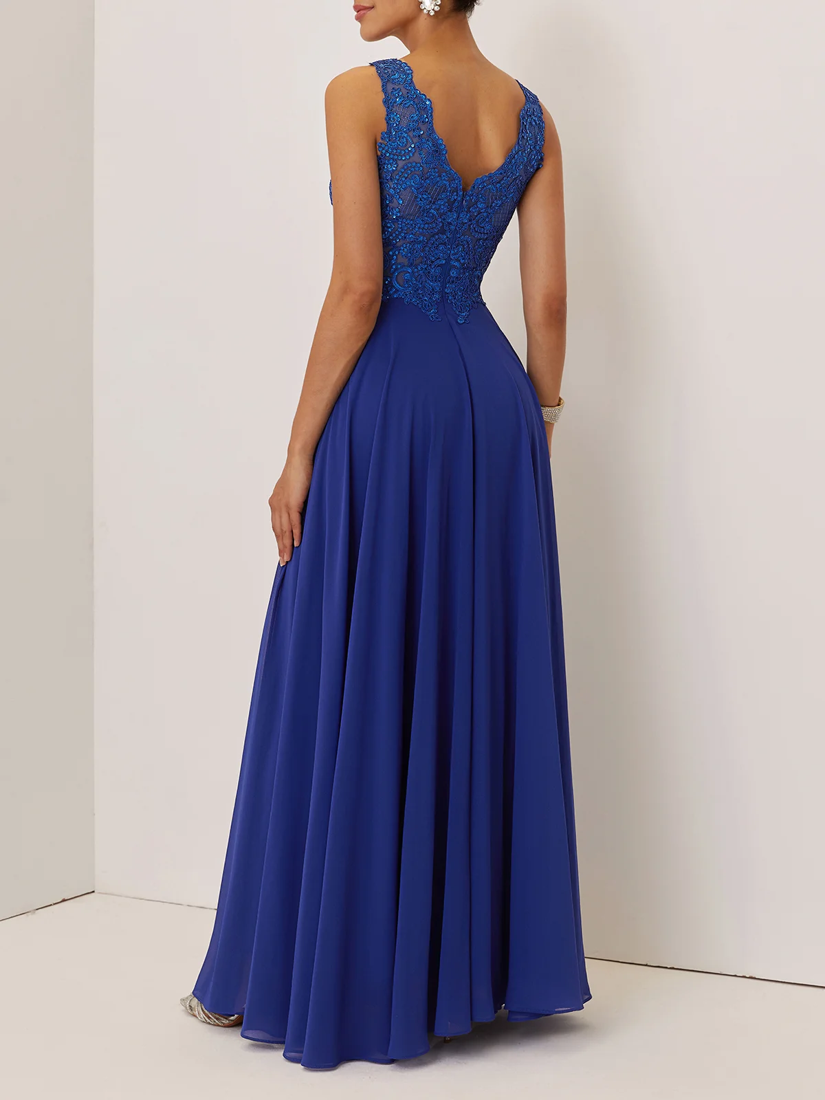 Blue Glitter Chiffon V Neck Sleeveless A-Line Maxi Dress