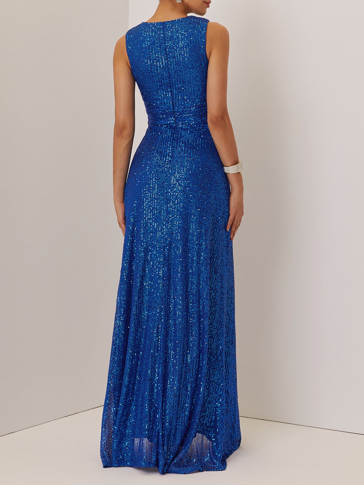 Blue Ruched Prom Dress V Neck Gallus A-Line Maxi Dress
