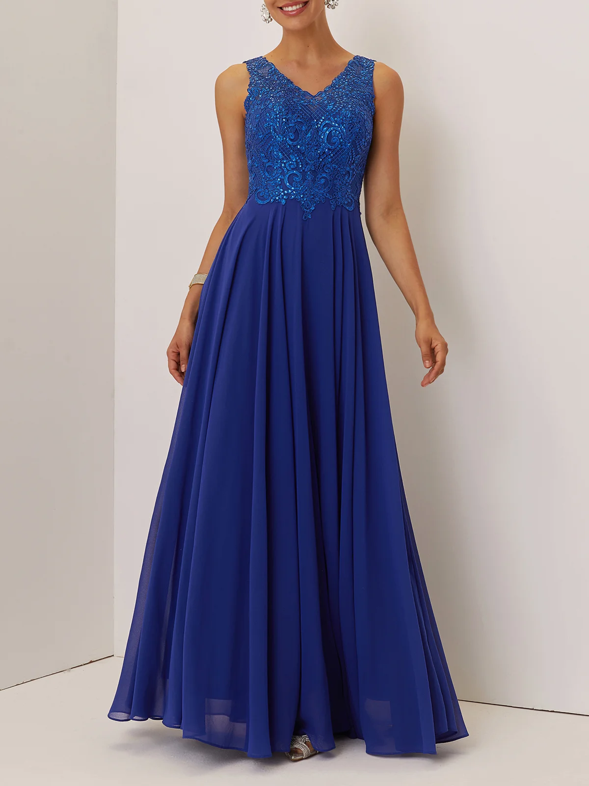 Blue Glitter Chiffon V Neck Sleeveless A-Line Maxi Dress