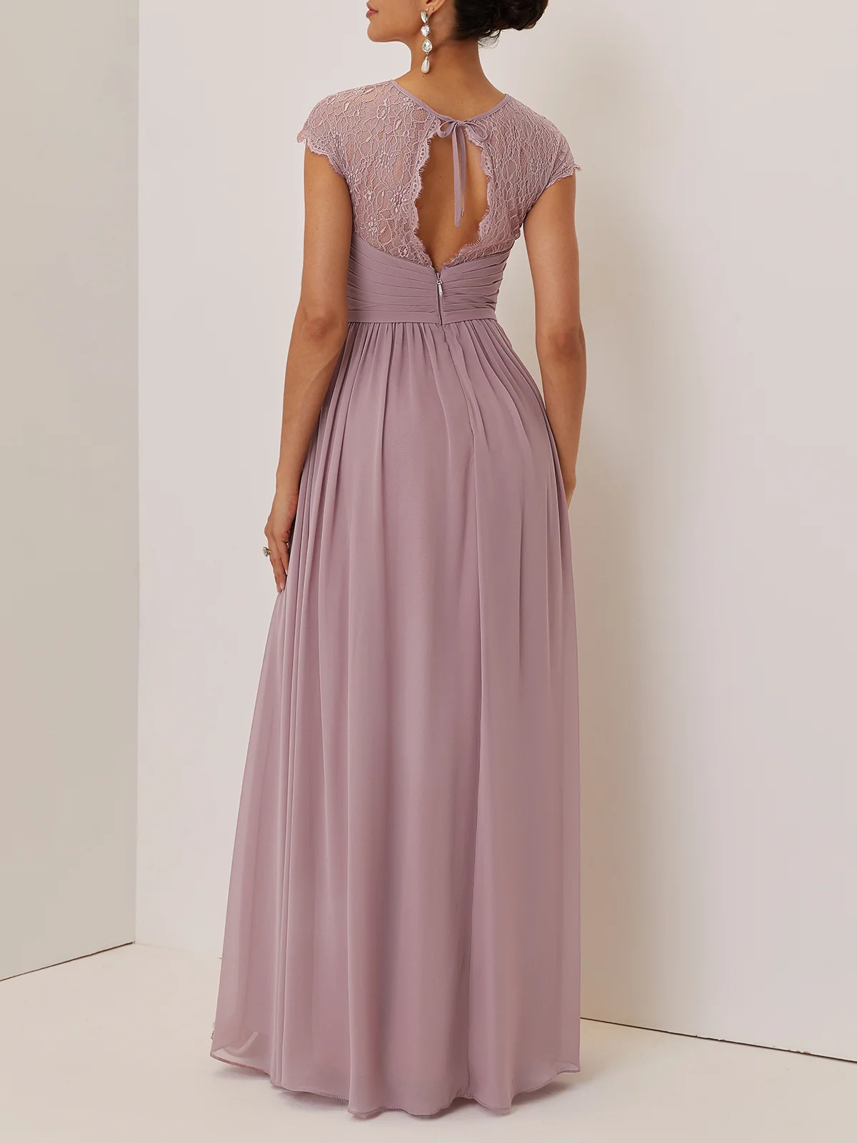 Pink Ruched Lace Chiffon Crew Neck Cap Sleeve A-Line Maxi Dress