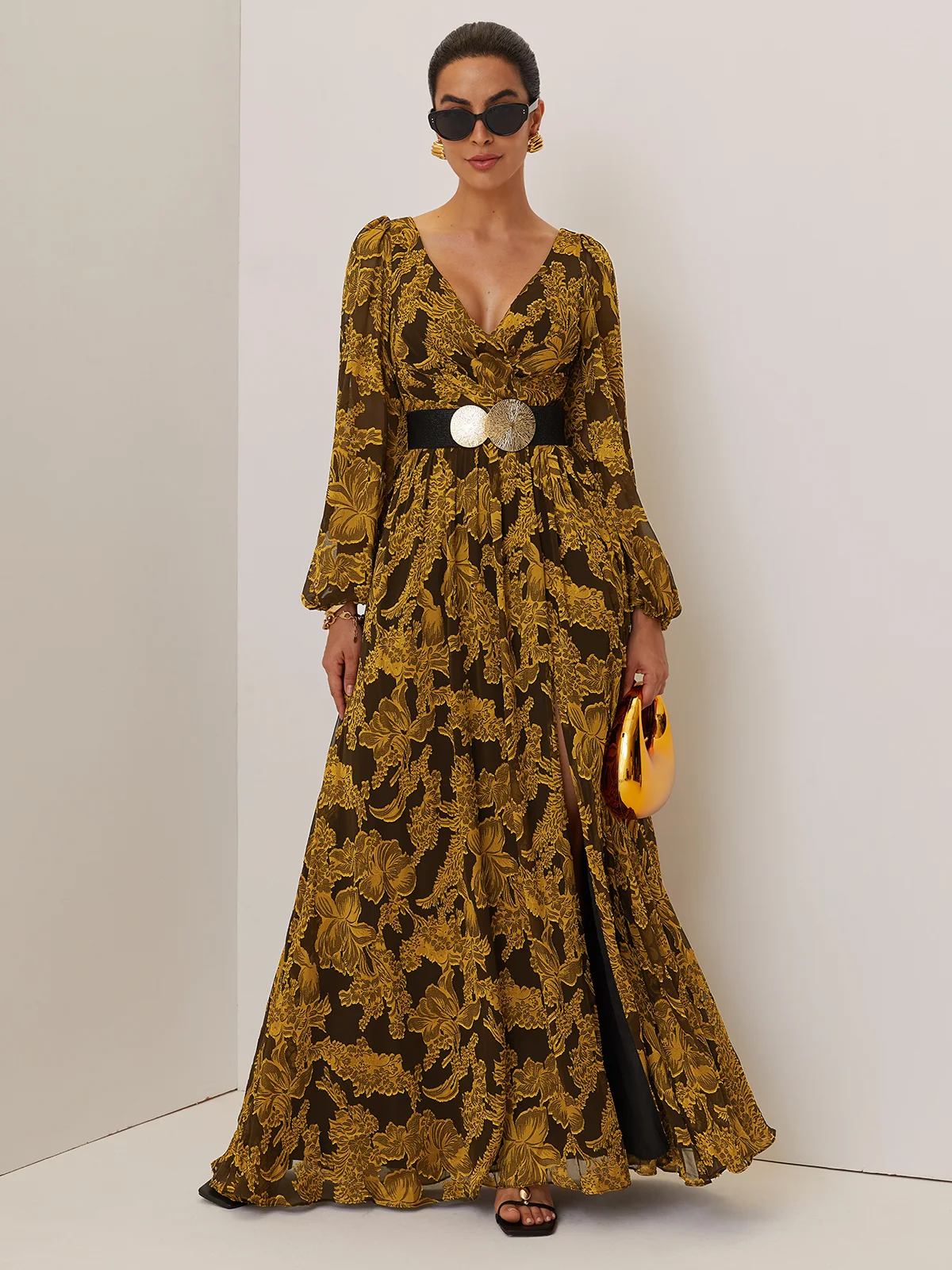 Golden Slit Floral Chiffon V Neck Long Sleeve Balloon Sleeve A-Line Gown Dress